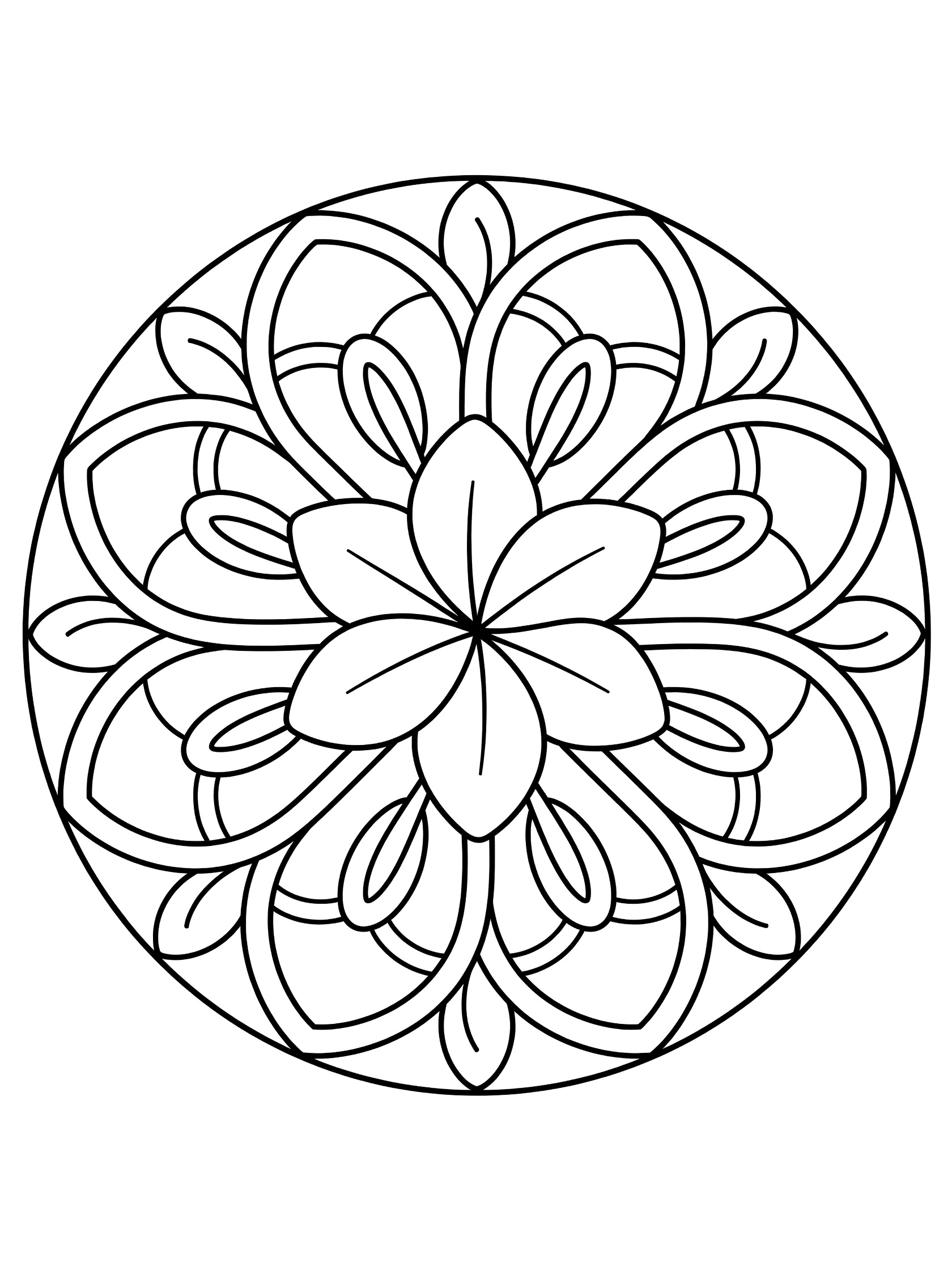 Black and white printable coloring page of a symmetrical round floral mandala with layered petals and leaf shapes in a circular pattern. Lily Mandala themed black and white printable line art