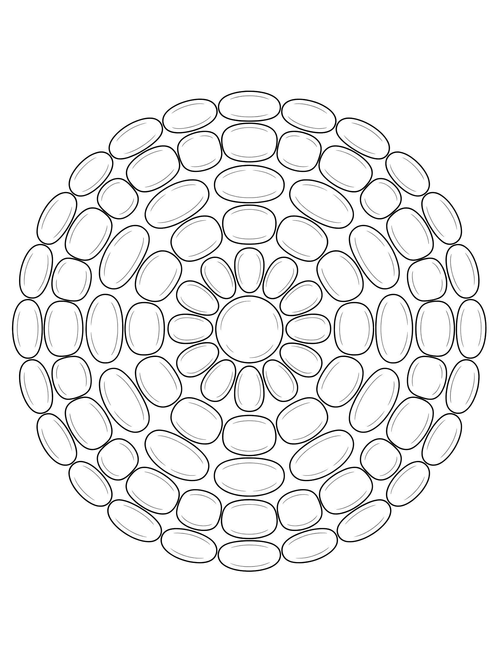 Simple black-and-white line art of a round pebble pattern mandala with oval pebbles arranged symmetrically in radiating layers on white background