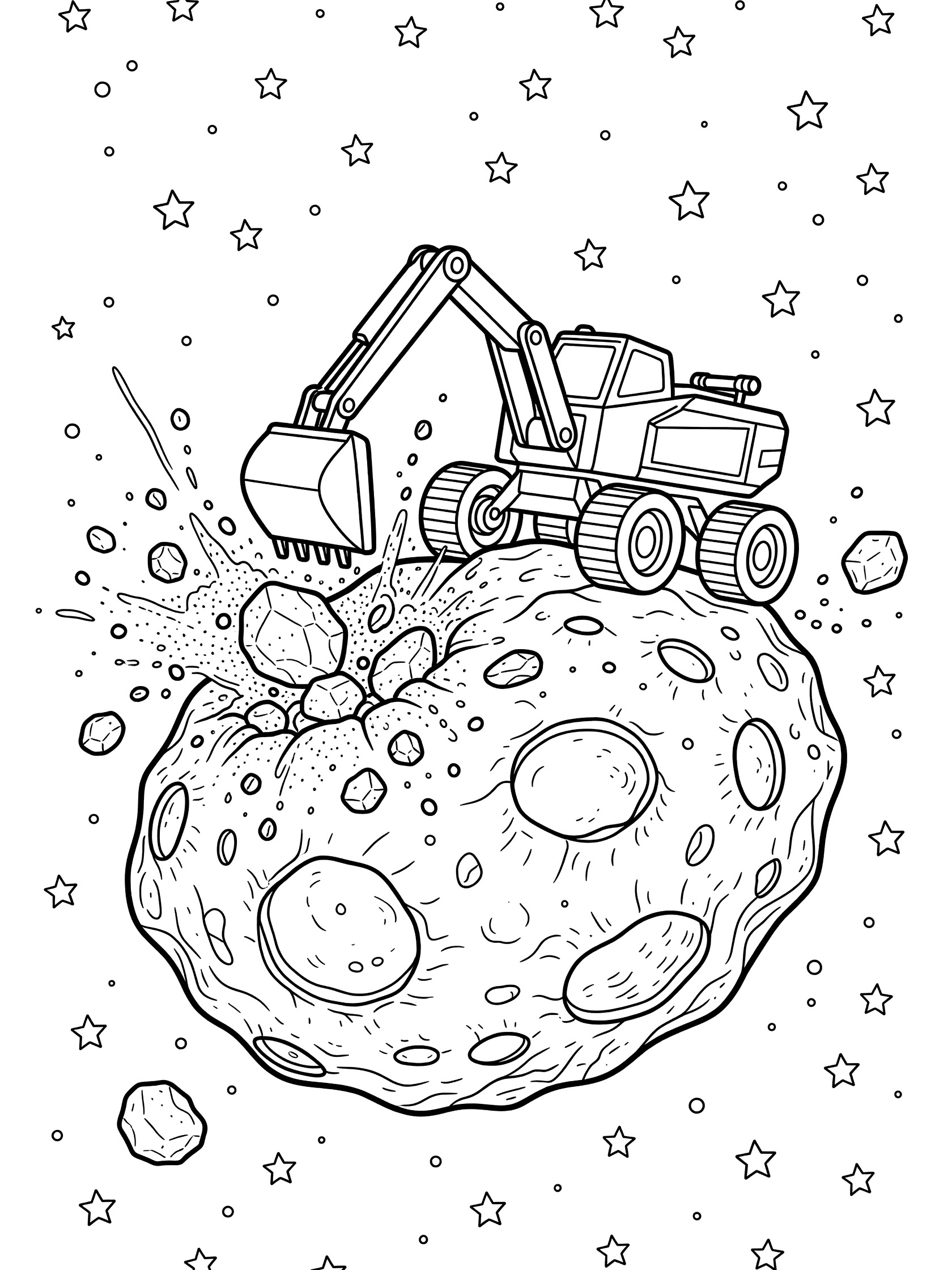 Black-and-white line art of a rover with extendable arm digging rocks on a massive cratered asteroid floating among stars and space dust.