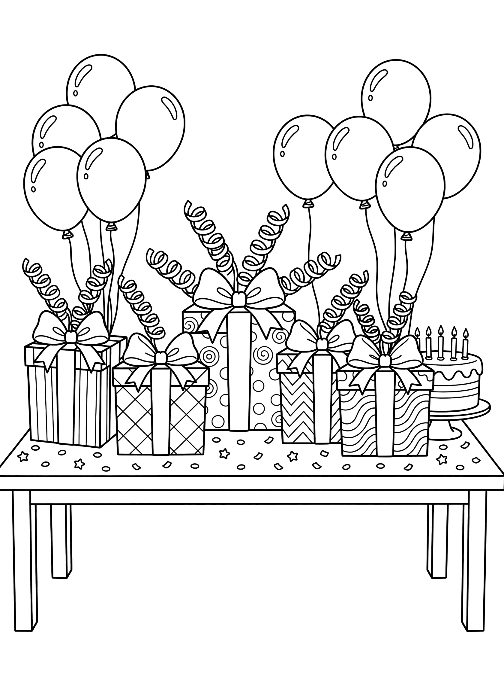Line art coloring page showing five birthday presents in a row on a table, topped with big bows, floating balloons above, birthday cake and confetti