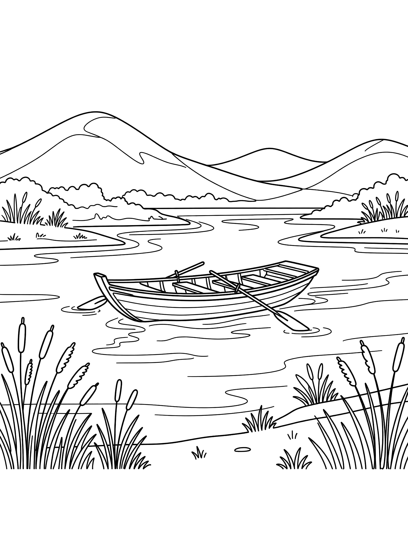 Black and white line art coloring page showing a wooden rowboat with oars in calm lake water, surrounded by reeds on the shore and distant mountains. Yangtze River themed black and white printable line art