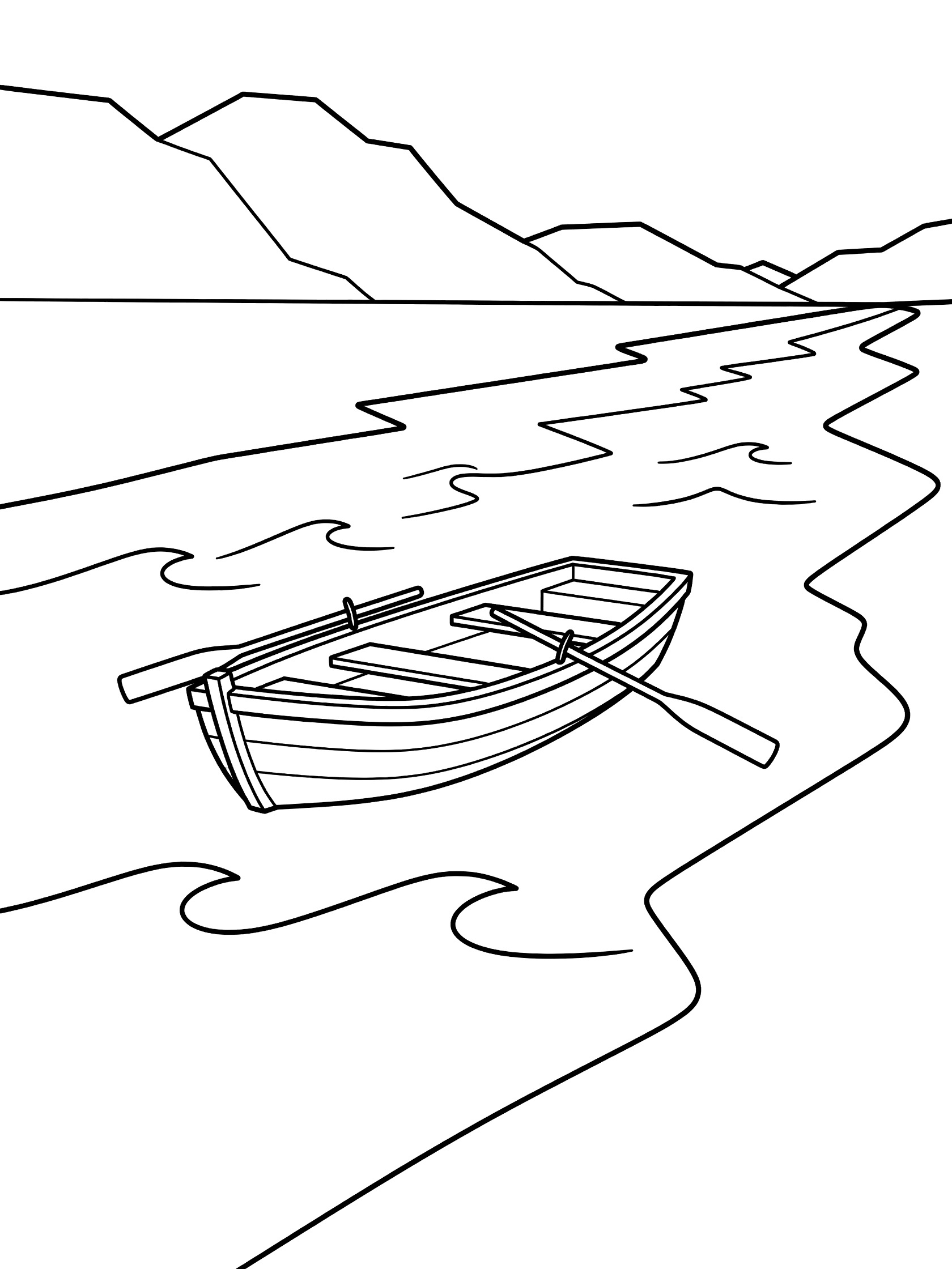 Black and white line art coloring page showing a simple wooden rowboat with oars on a straight river with wavy water lines and distant mountains. Euphrates River themed black and white printable line art
