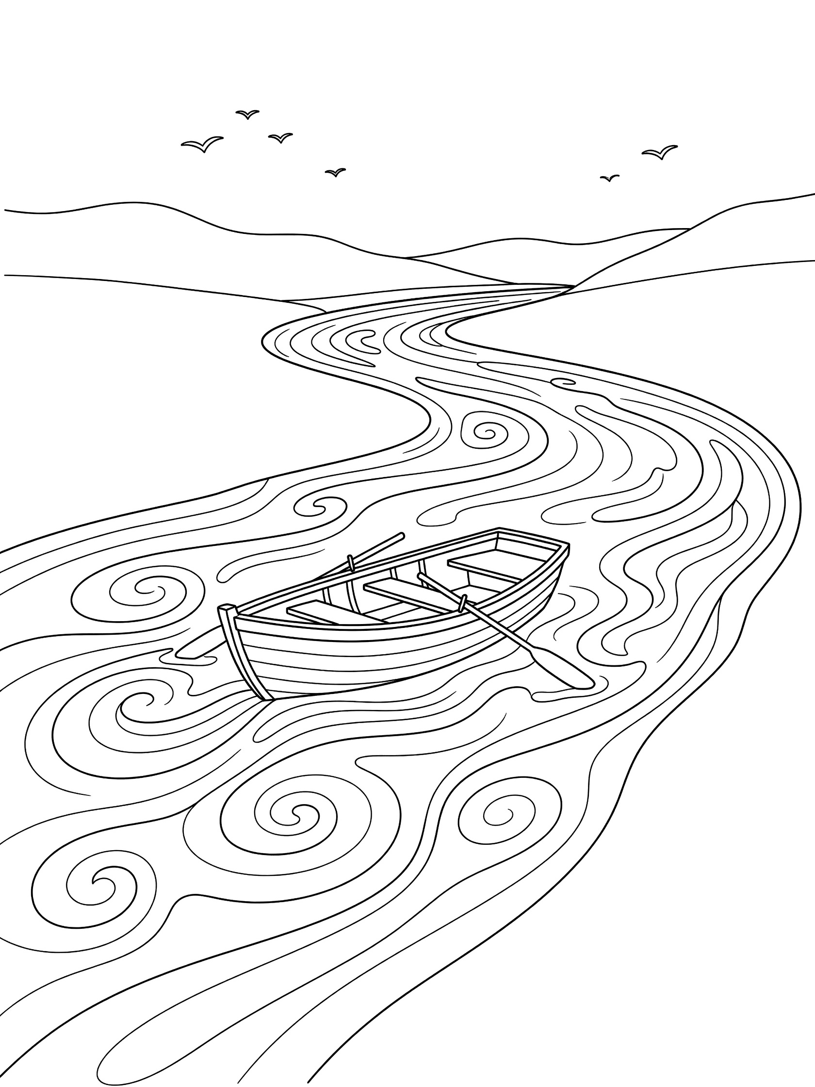 Black and white coloring page of a rowboat with oars on a winding river surrounded by swirling currents, hills, and flying birds. Danube River themed black and white printable line art