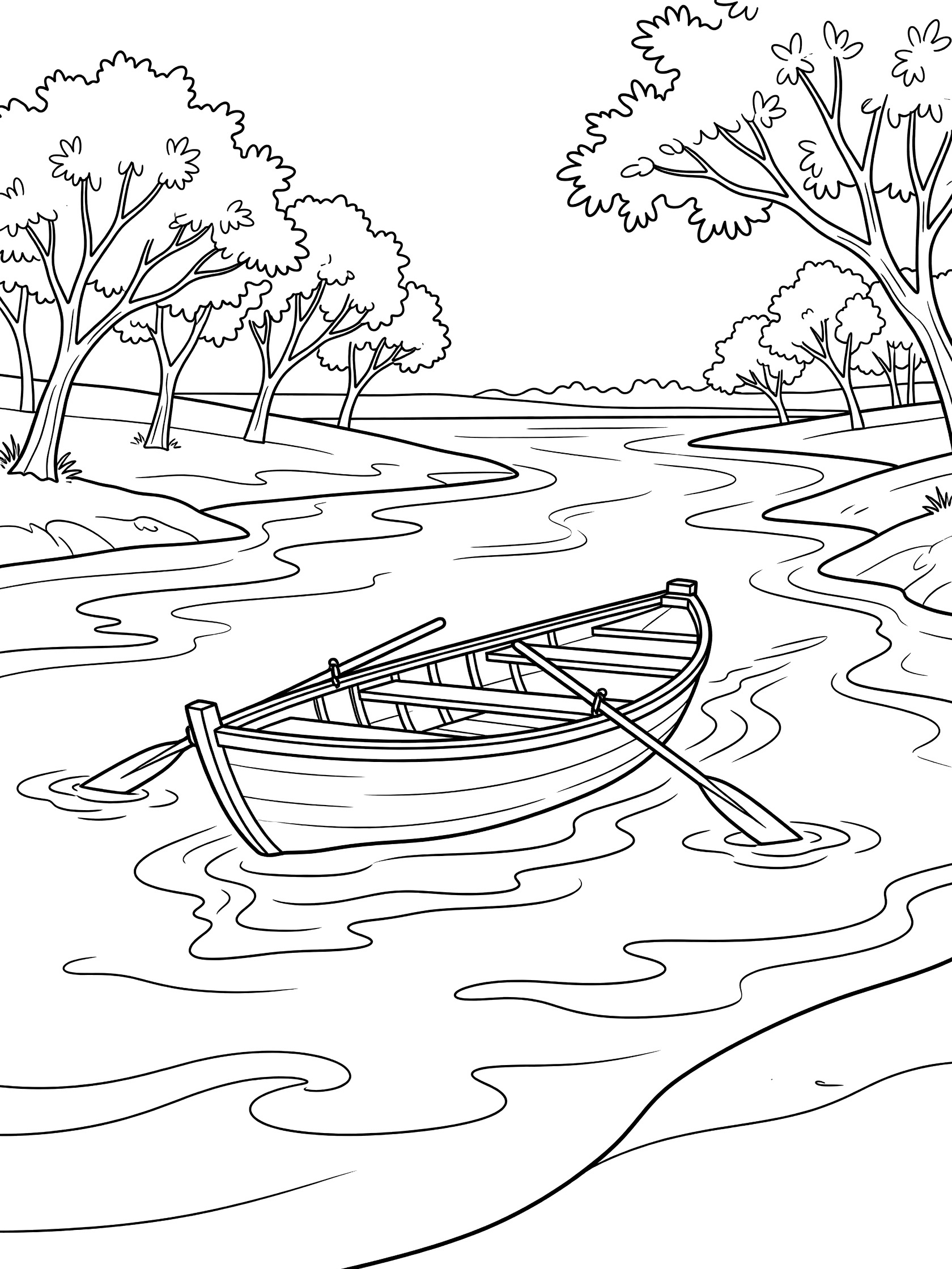 Black and white line art coloring page showing a wooden rowboat with oars in a winding river, surrounded by trees on both banks and wavy water. Ganges River themed black and white printable line art