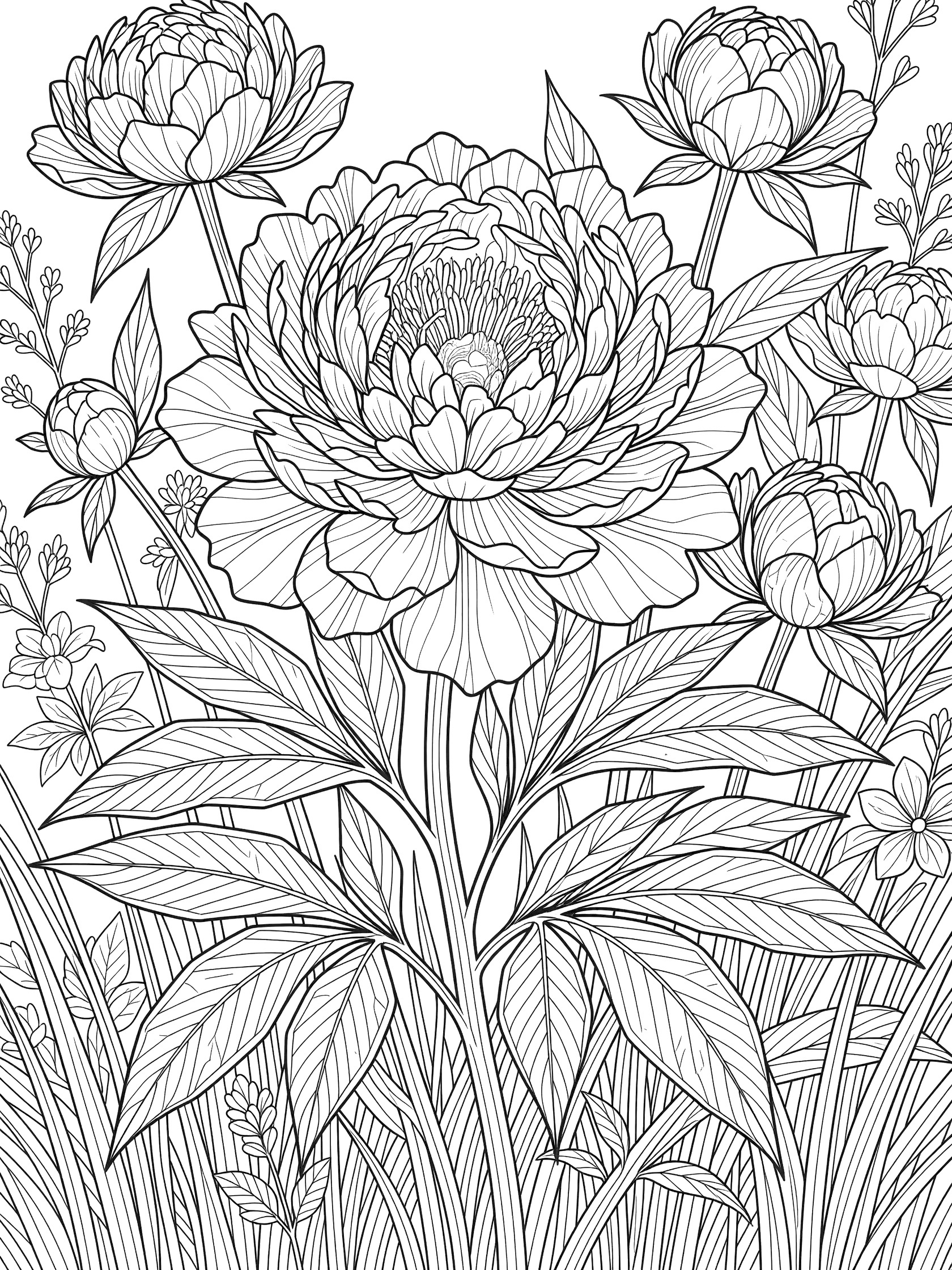 Detailed line art coloring page of ruffled peony flowers with fluffy centers, twisting stems, veined leaves, small buds, and garden grass on white background
