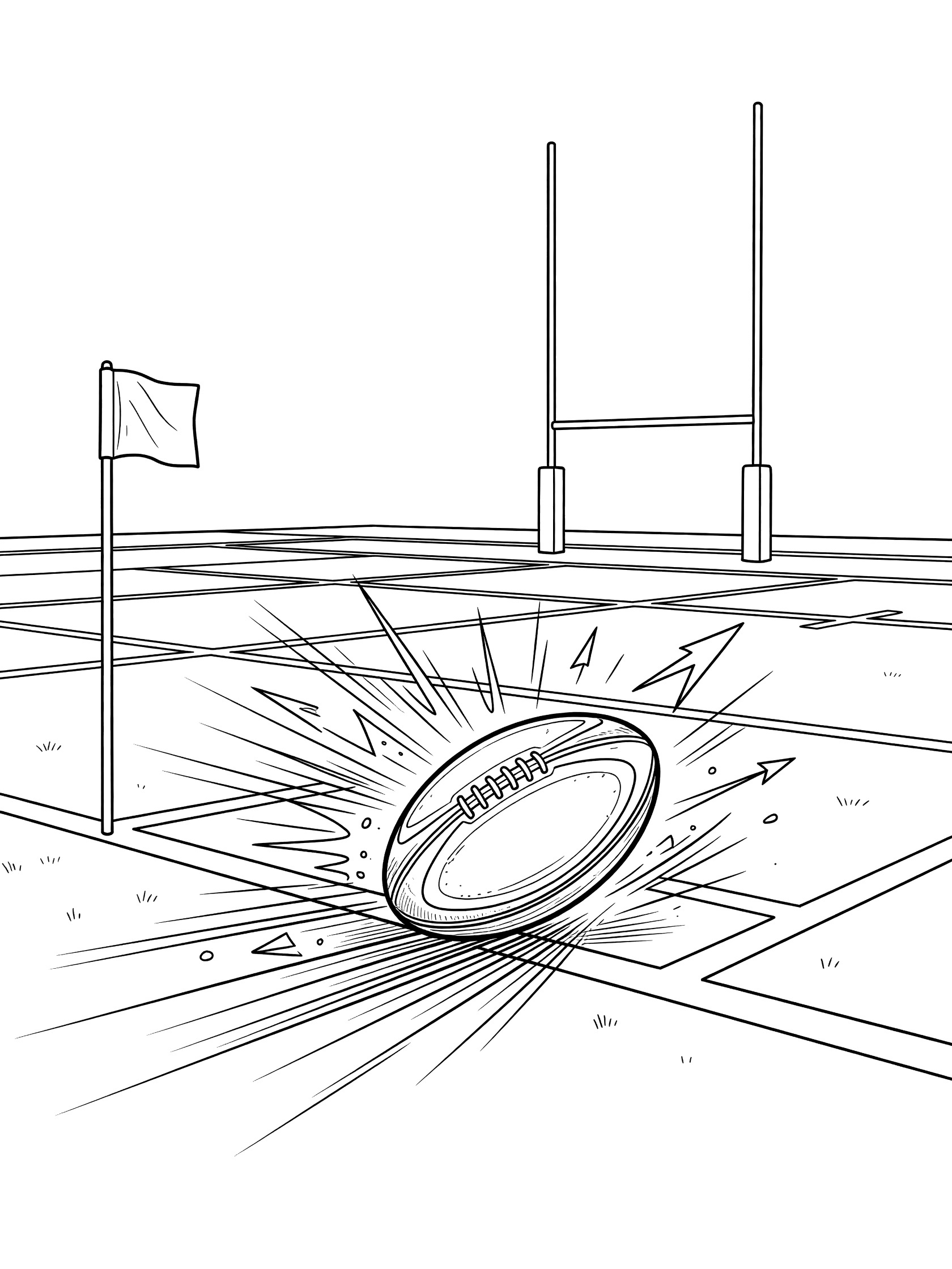 Black and white coloring page of a rugby ball crossing the try line on a rugby field with goalposts, corner flag, and geometric motion lines.