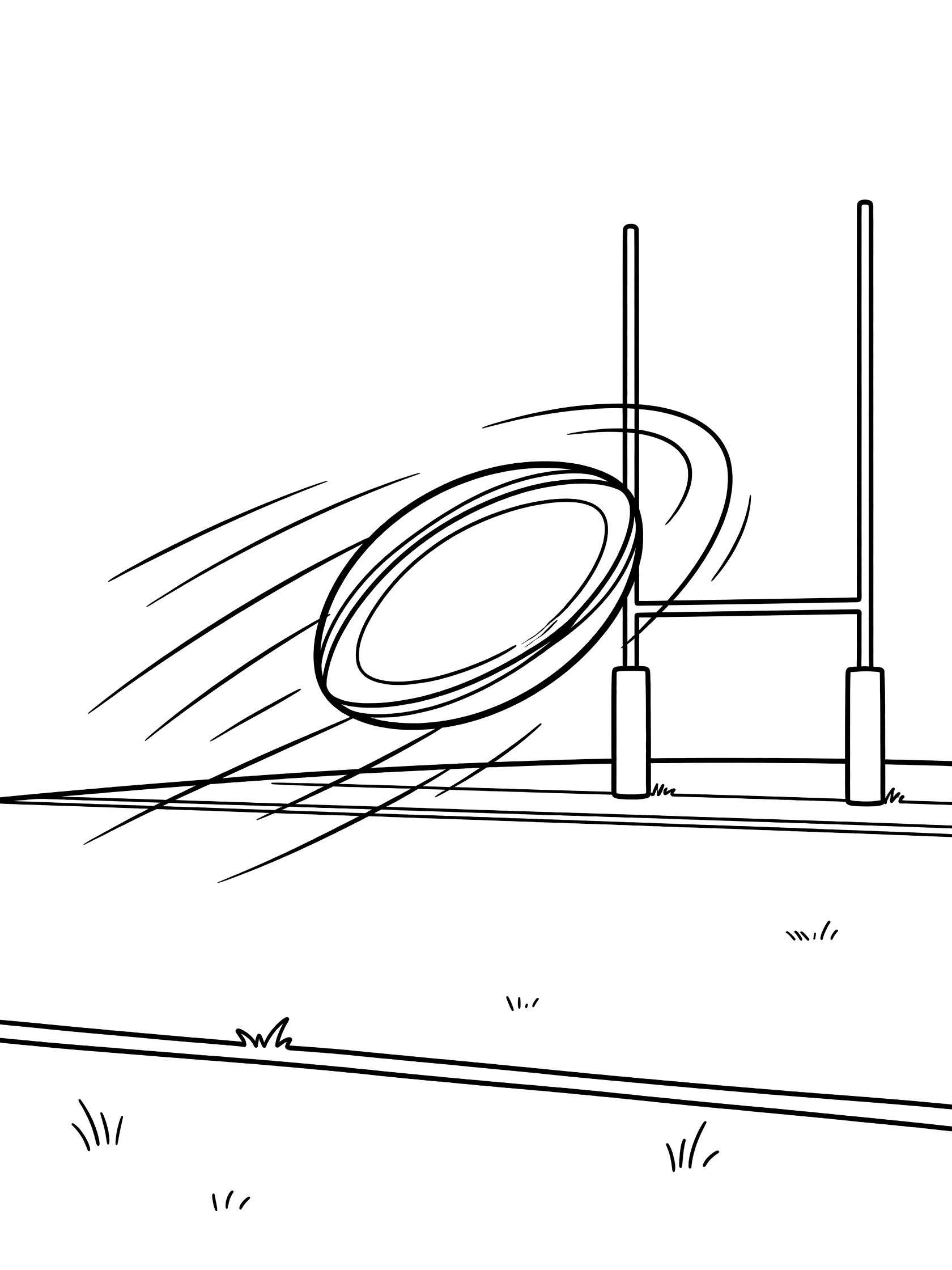 Black-and-white coloring page showing a rugby ball in mid-air pass over rugby field with goalposts, spiral lines around the oval ball with seams.