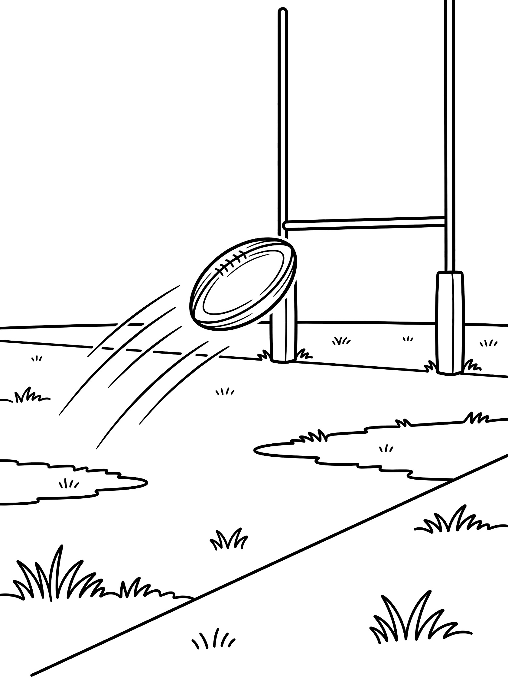 Black and white line art of a rugby ball kicked towards rugby goalposts with curved motion trails on a grassy field