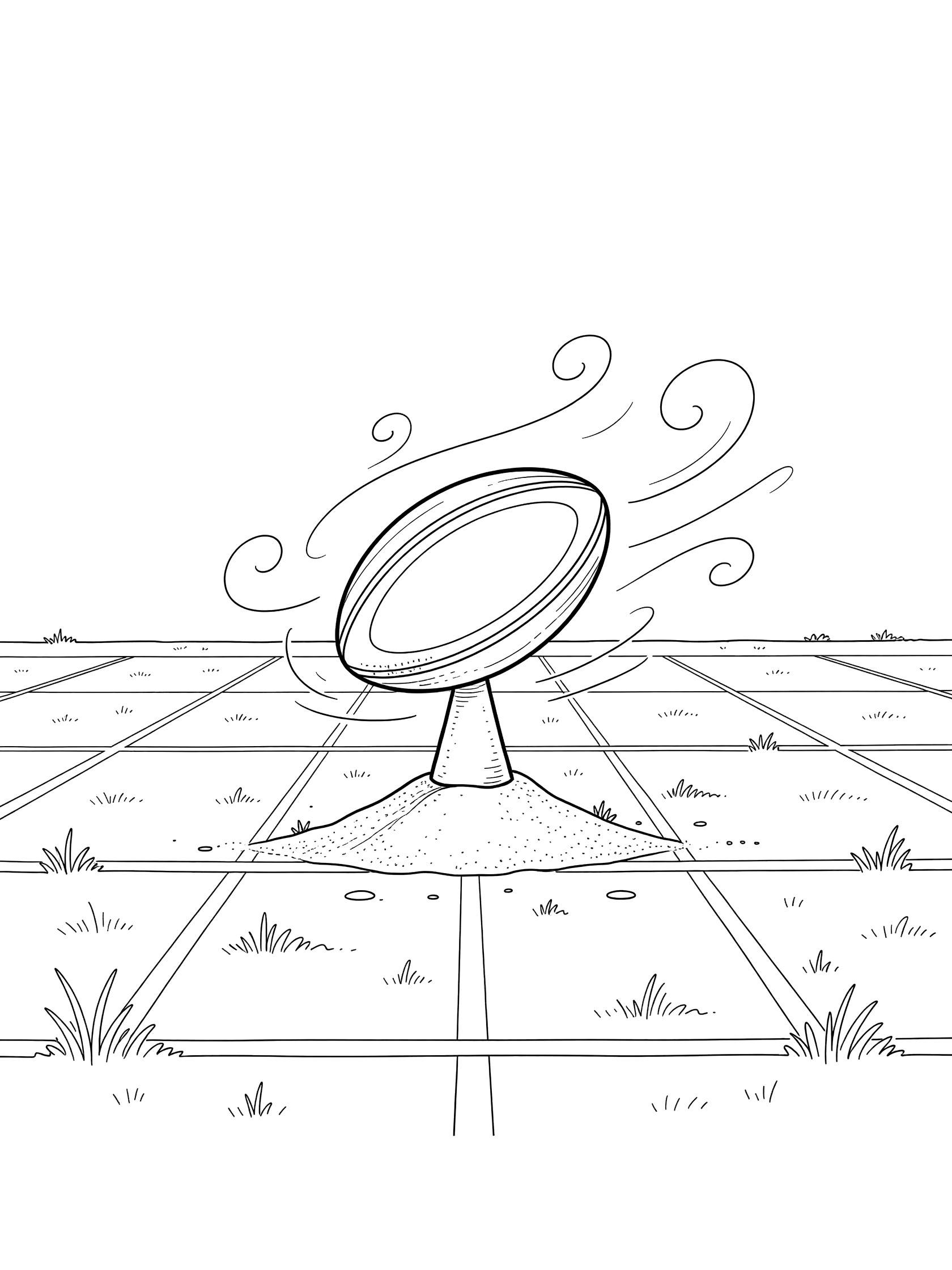 Black-and-white coloring page of a rugby ball on a sand tee in the middle of a rugby field with marked lines, grass patches, and doodled wind swirls.