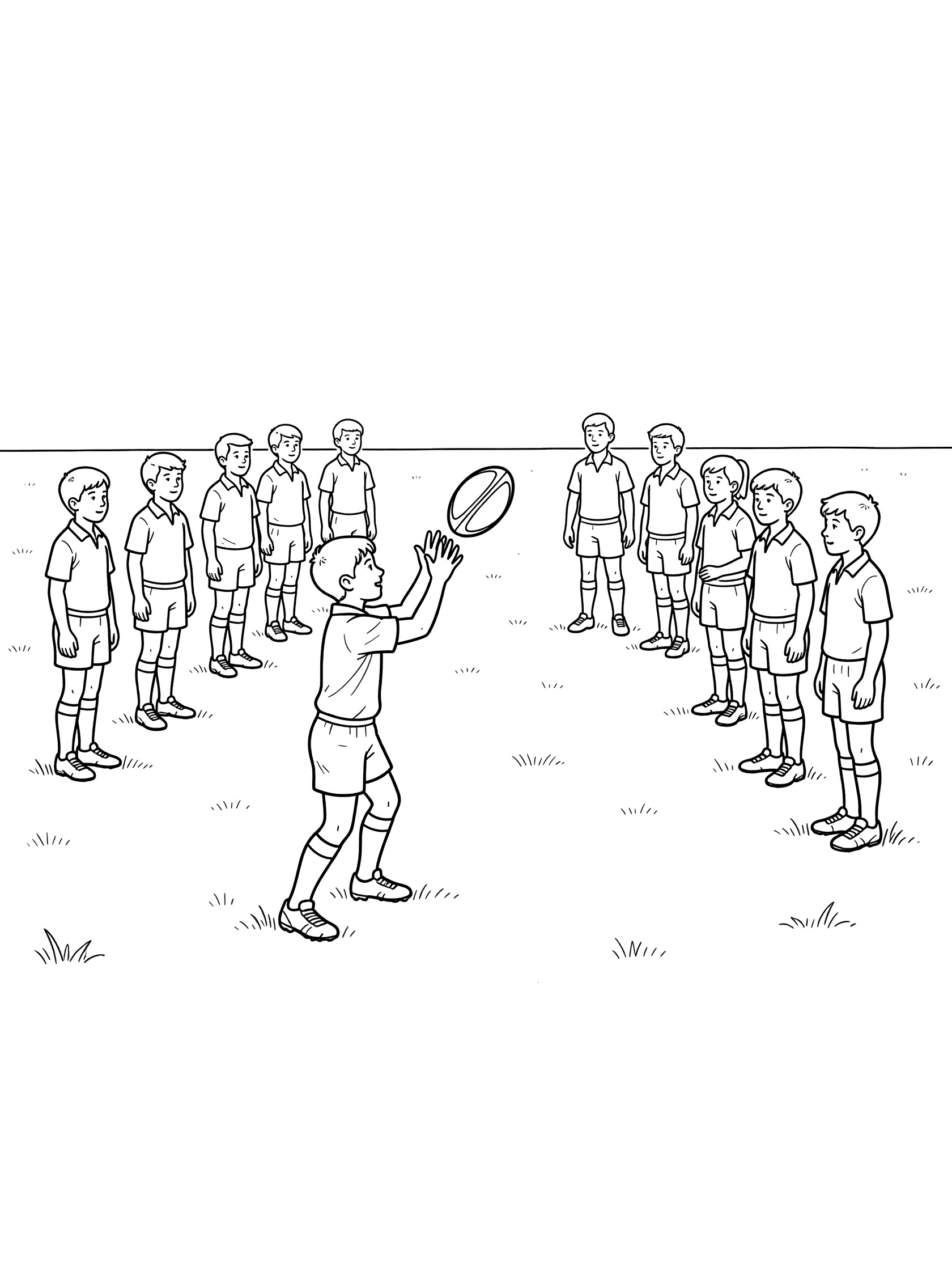 Line art coloring page showing rugby lineout on grassy field, two lines of young players facing each other, hooker throwing rugby ball between them