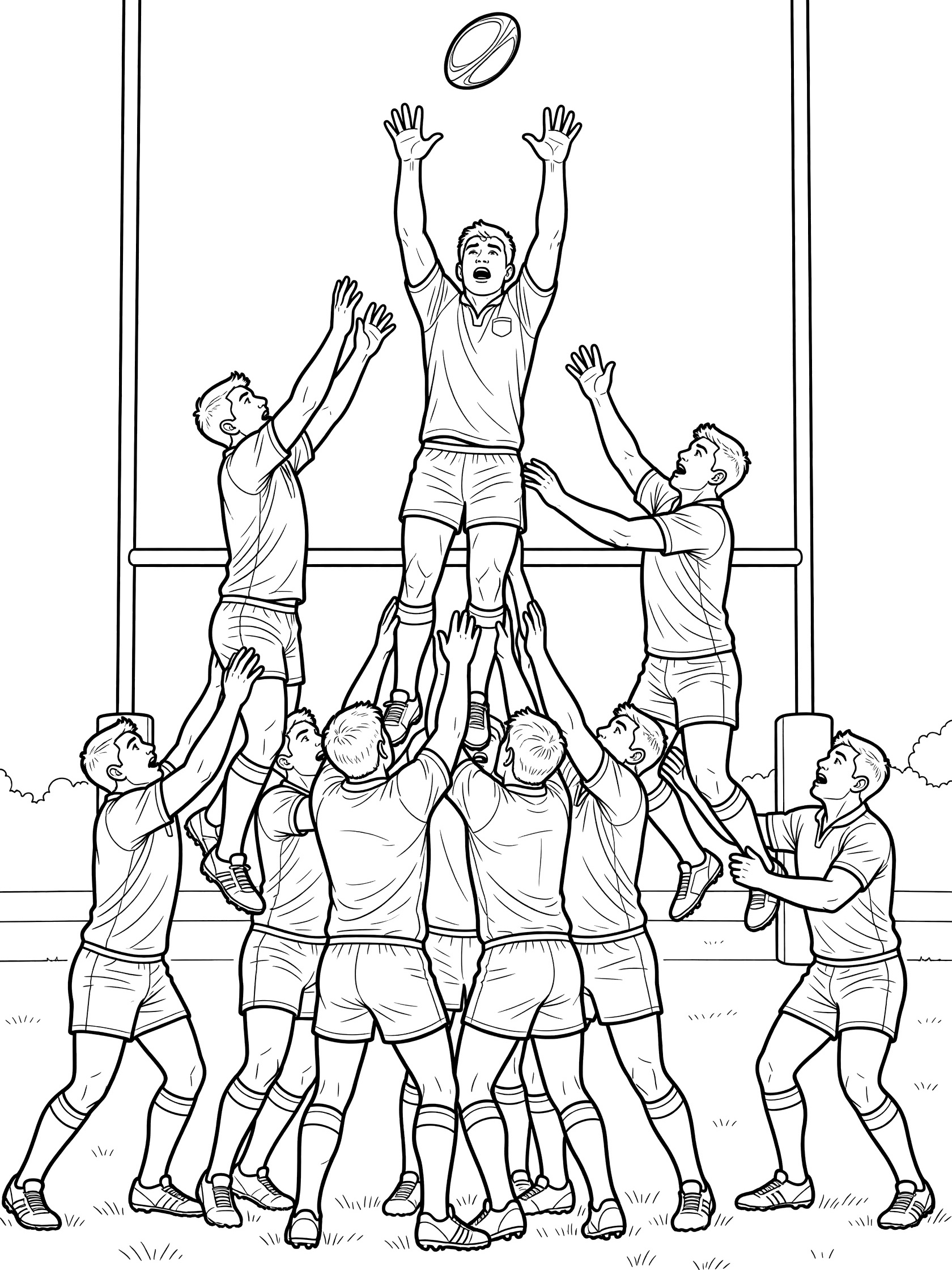 Detailed line art of rugby lineout with players jumping in a tower to catch the soaring rugby ball between goal posts