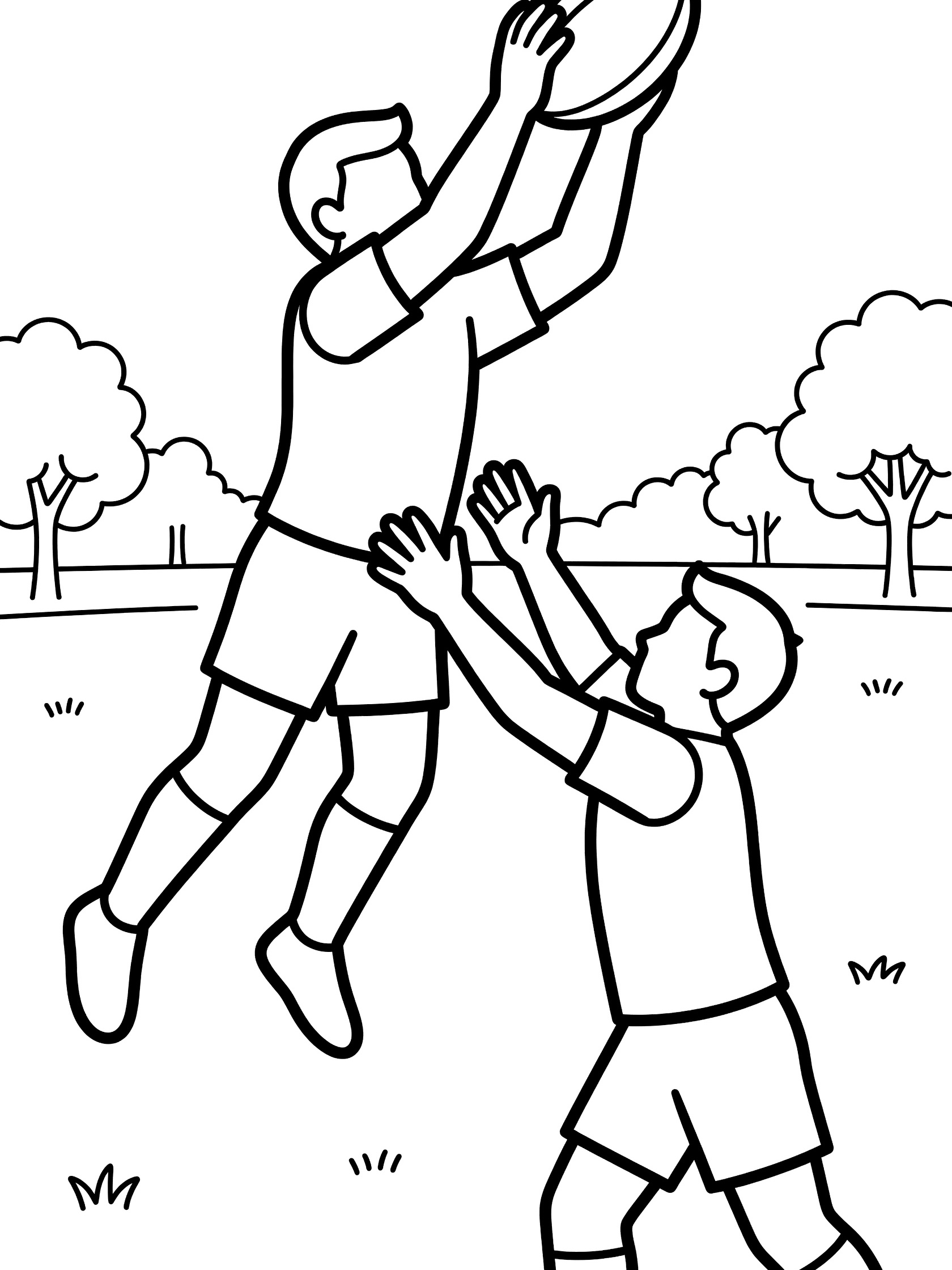 Rugby lineout coloring page showing two players in jerseys and shorts jumping high to catch the oval rugby ball mid-air with trees and grass in the background.