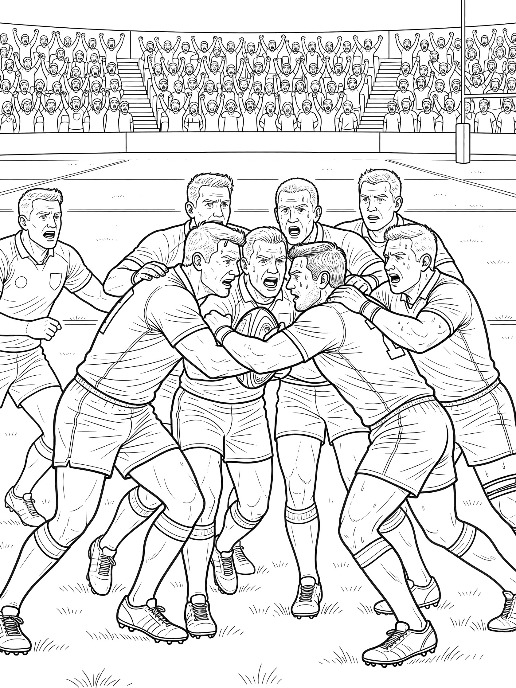 Black-and-white line art of rugby players in a tight victory maul after a lineout win, with ball carrier inside, dynamic poses, and stadium stands with cheering crowd in the background.