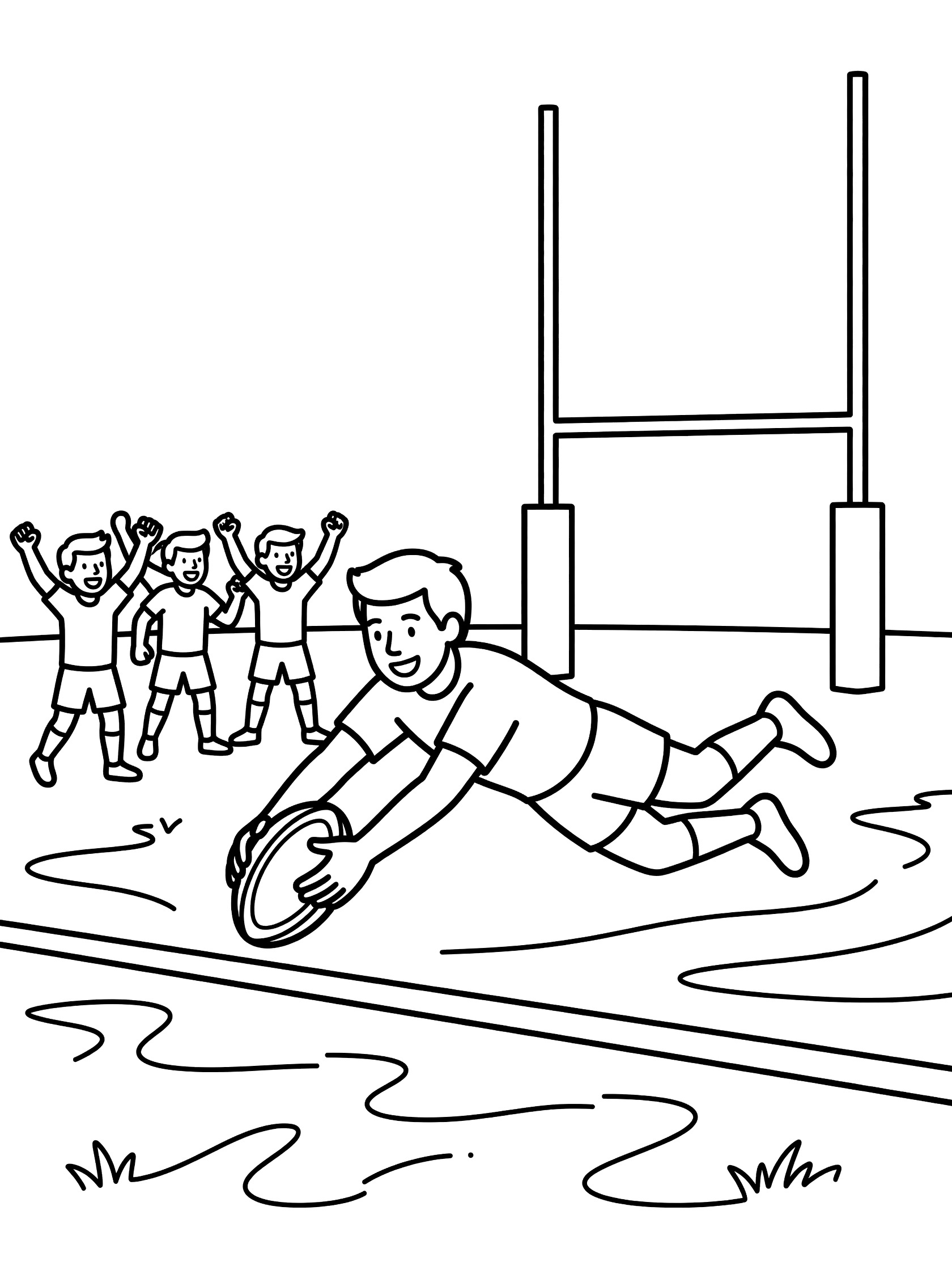 Black and white coloring page showing a rugby player diving to ground the ball for a try behind the line, with cheering teammates and goal posts on the field.
