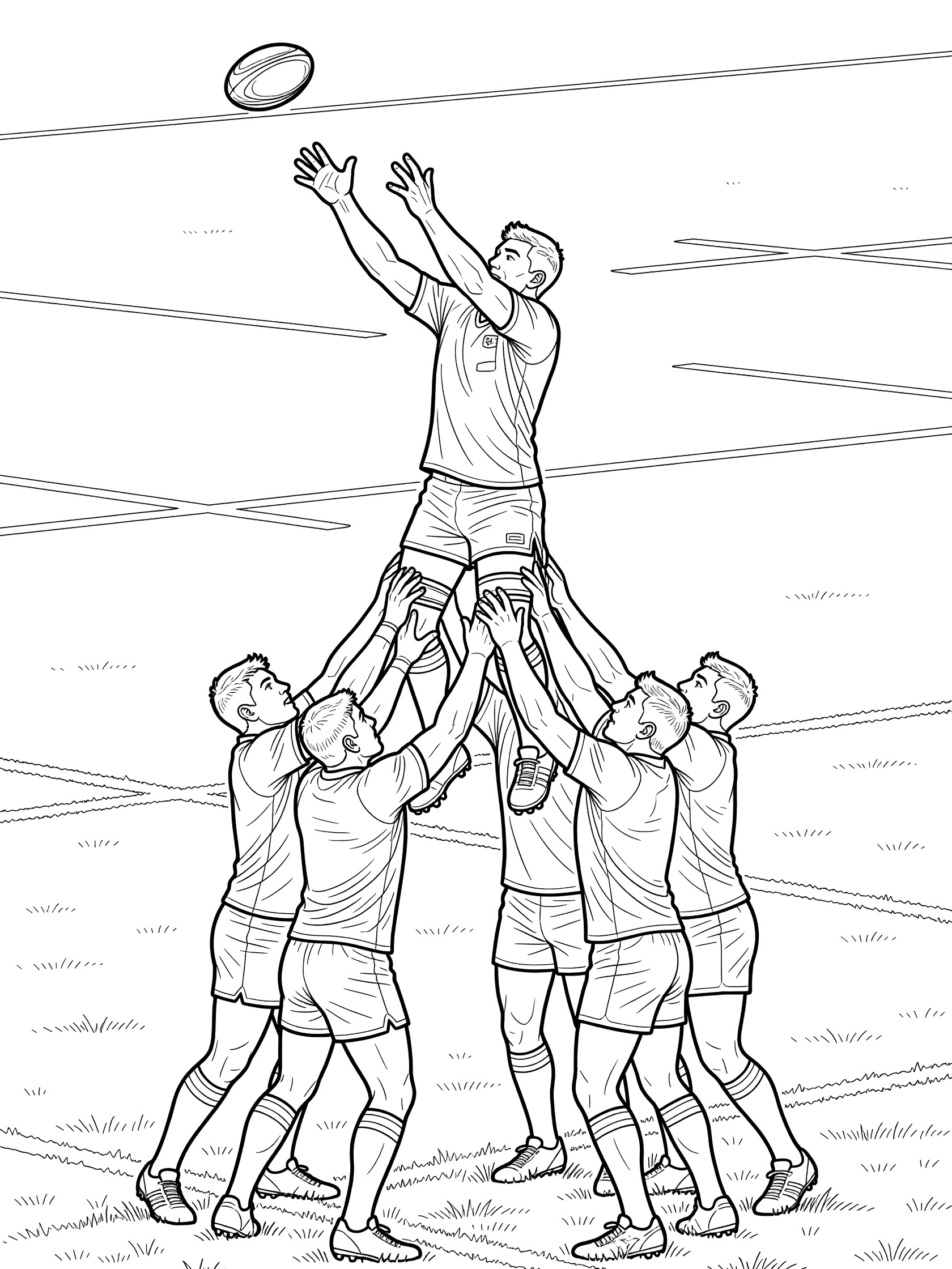 Black and white coloring page of a rugby player jumping in a lineout, reaching for the ball while supported by teammates on the marked rugby pitch.