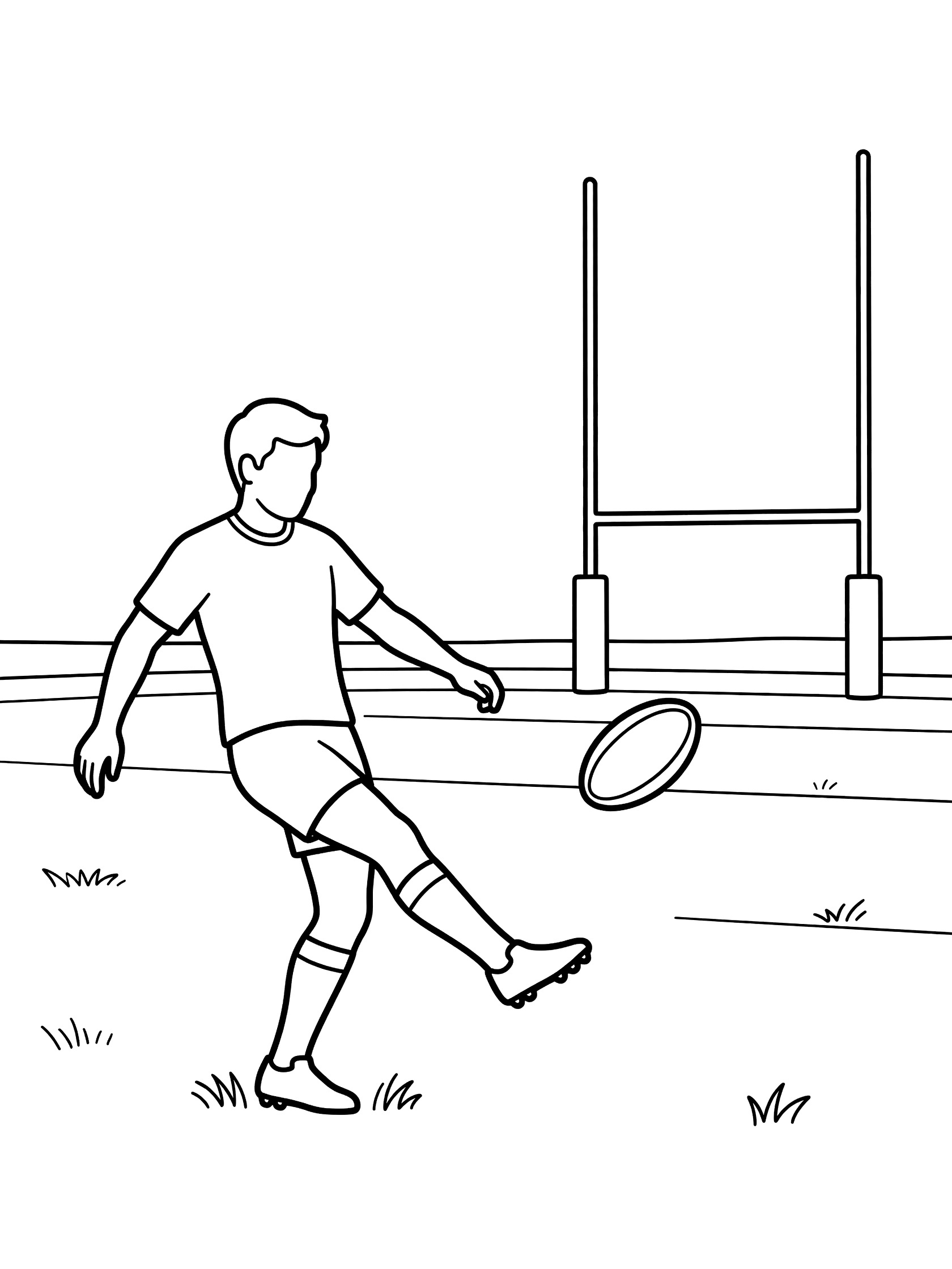 Black-and-white coloring page of a rugby player in jersey and shorts kicking a rugby ball mid-air toward goal posts on grass field
