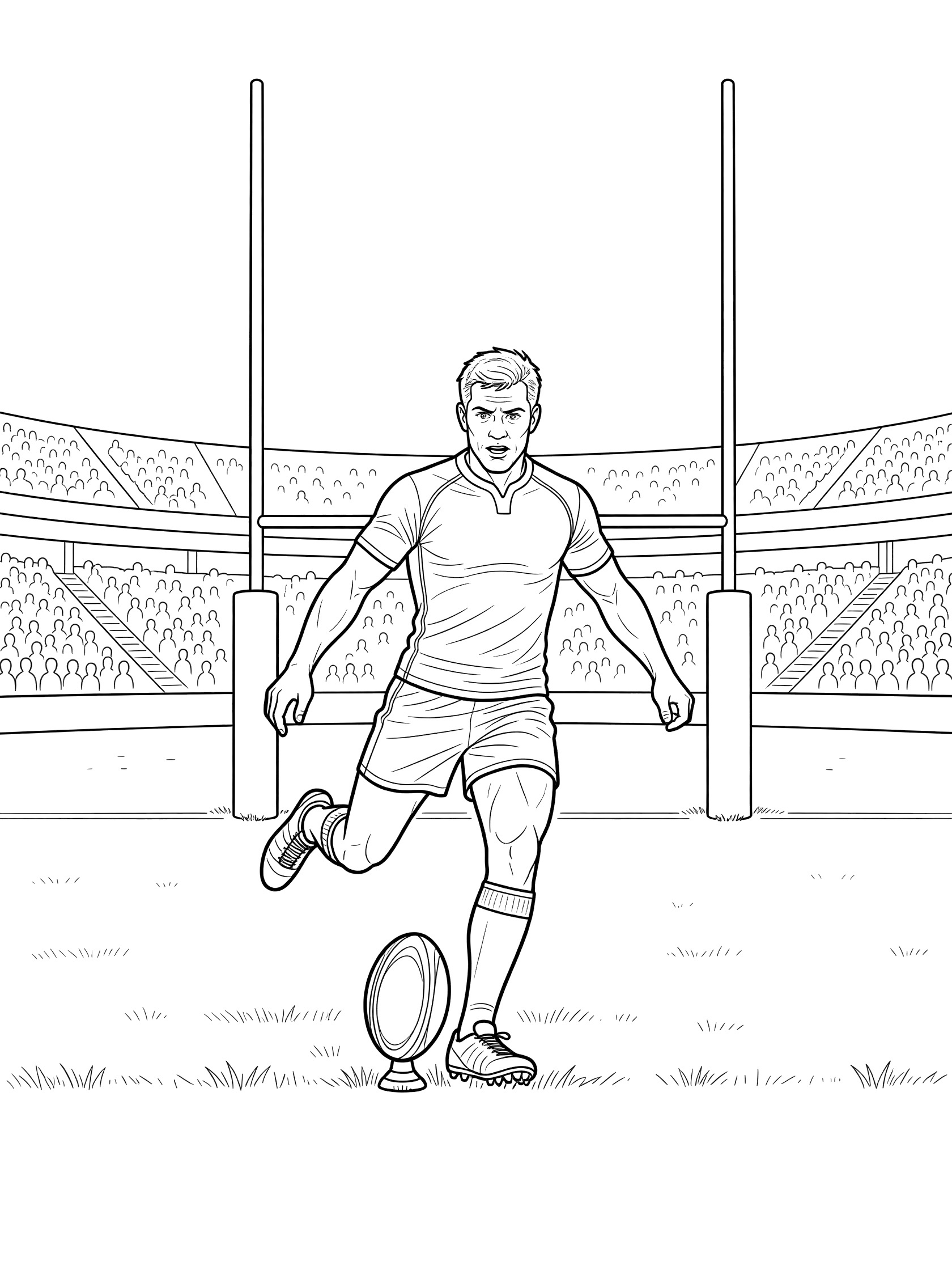 Black and white coloring page of rugby player in jersey and shorts ready to kick teed rugby ball between goal posts on field with stadium crowd after try.