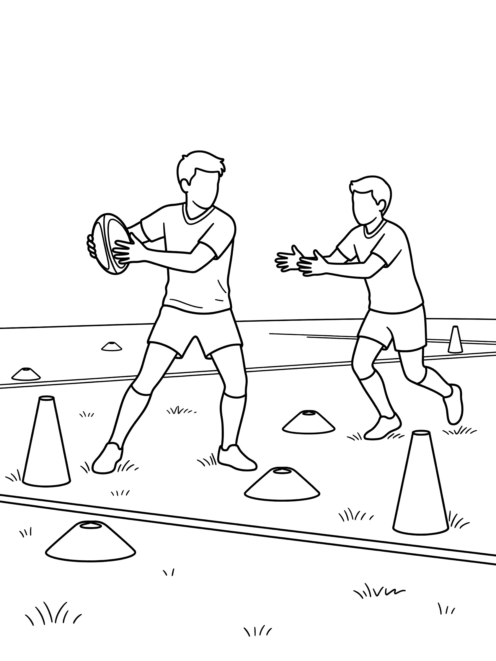 Black and white coloring page of a rugby player in jersey passing ball to running teammate near cones on field