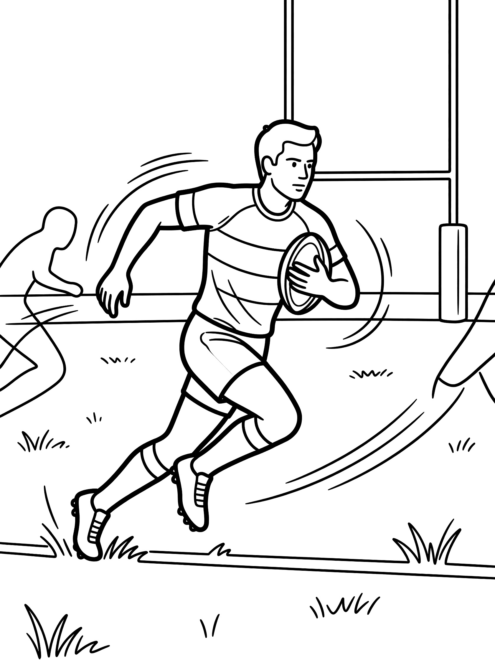 Rugby try coloring page showing a speedy player tucking the ball under his arm, running past defender toward goal posts on grass field