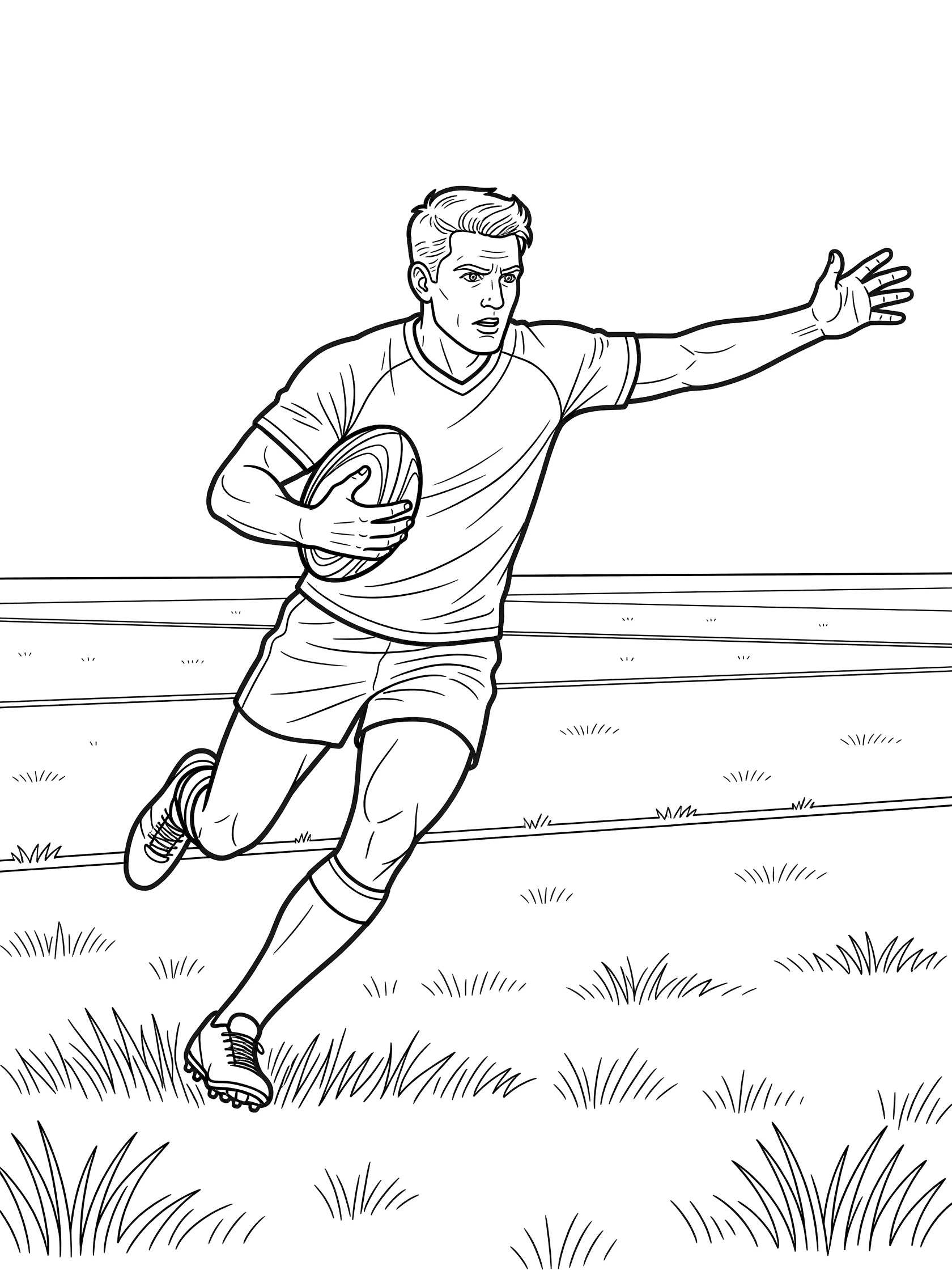 Black and white coloring page of a rugby player in uniform running with oval ball, arm outstretched dodging on grassy field with tufts of grass