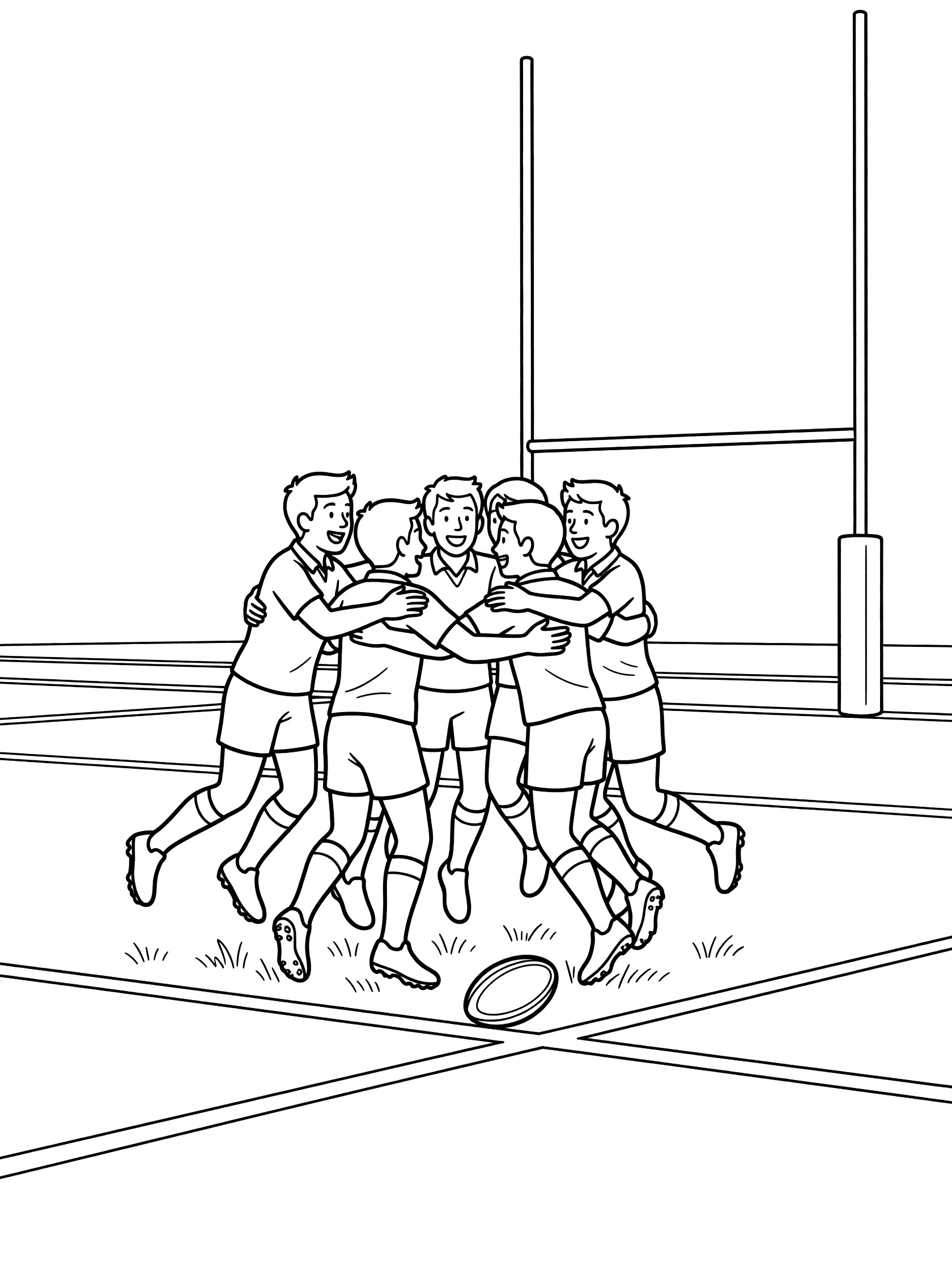 Black-and-white coloring page of five rugby players celebrating a try by hugging and jumping on a sunny pitch with rugby ball and goal posts.