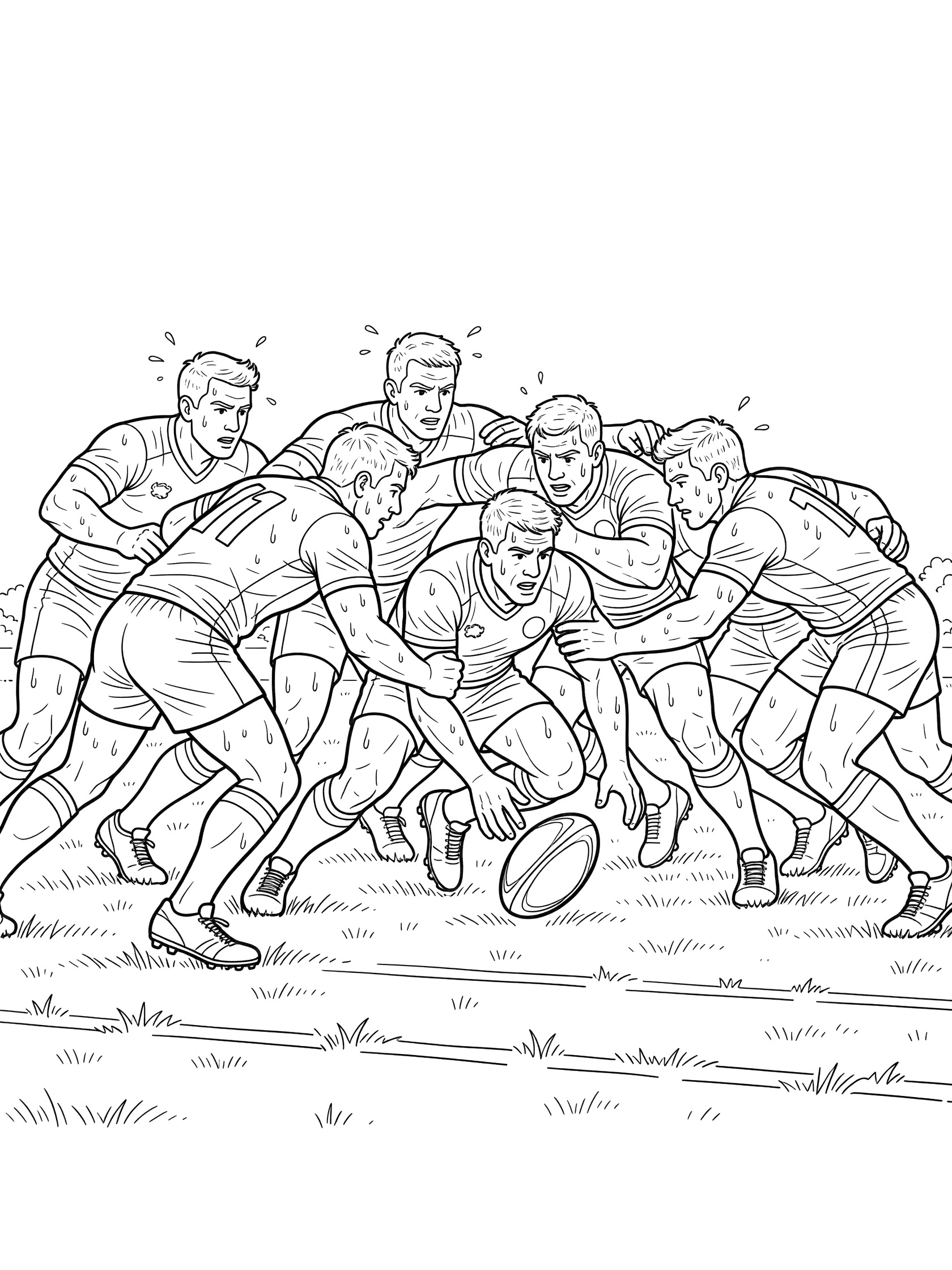 Line art coloring page showing a rugby scrum with players in jerseys straining to push while the scrum-half reaches for the heeled ball on the grassy field.
