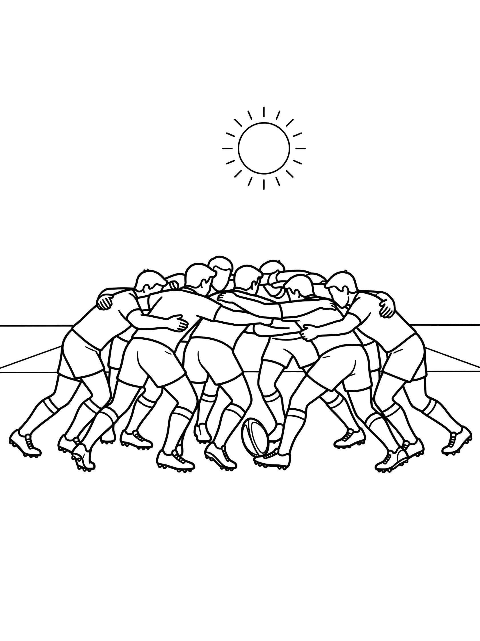 Rugby scrum coloring page showing players huddled together pushing with arms bound, hooker foot striking ball back, sunny field background.