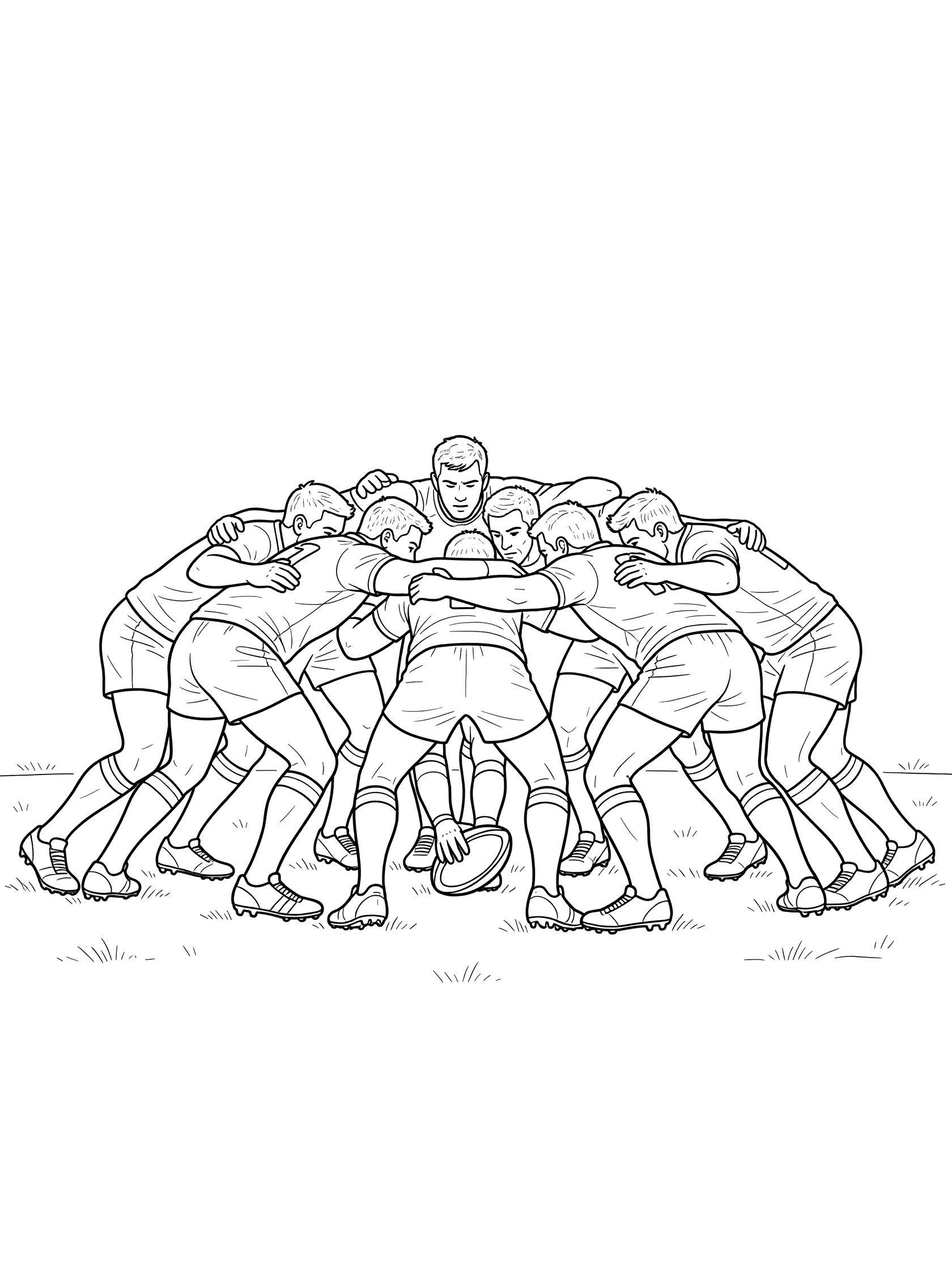 Rugby scrum line art with eight players locked in formation, leaning forward to push on grass with ball waiting at their feet.