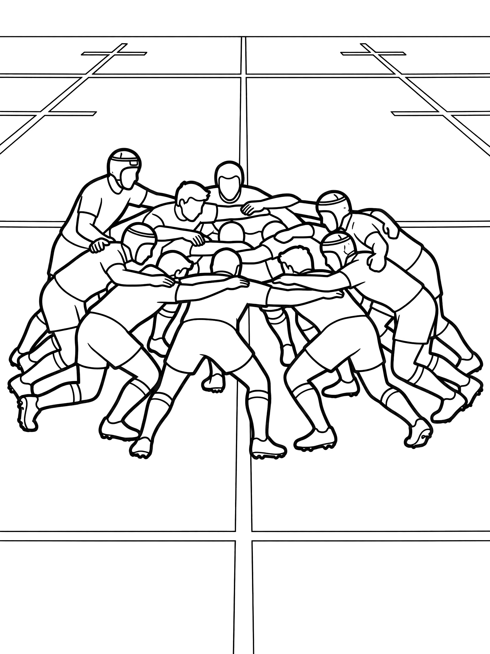 Black and white line art of rugby scrum with front row players ducking under and backs standing tall behind, binding arms on a rugby field with marked lines.