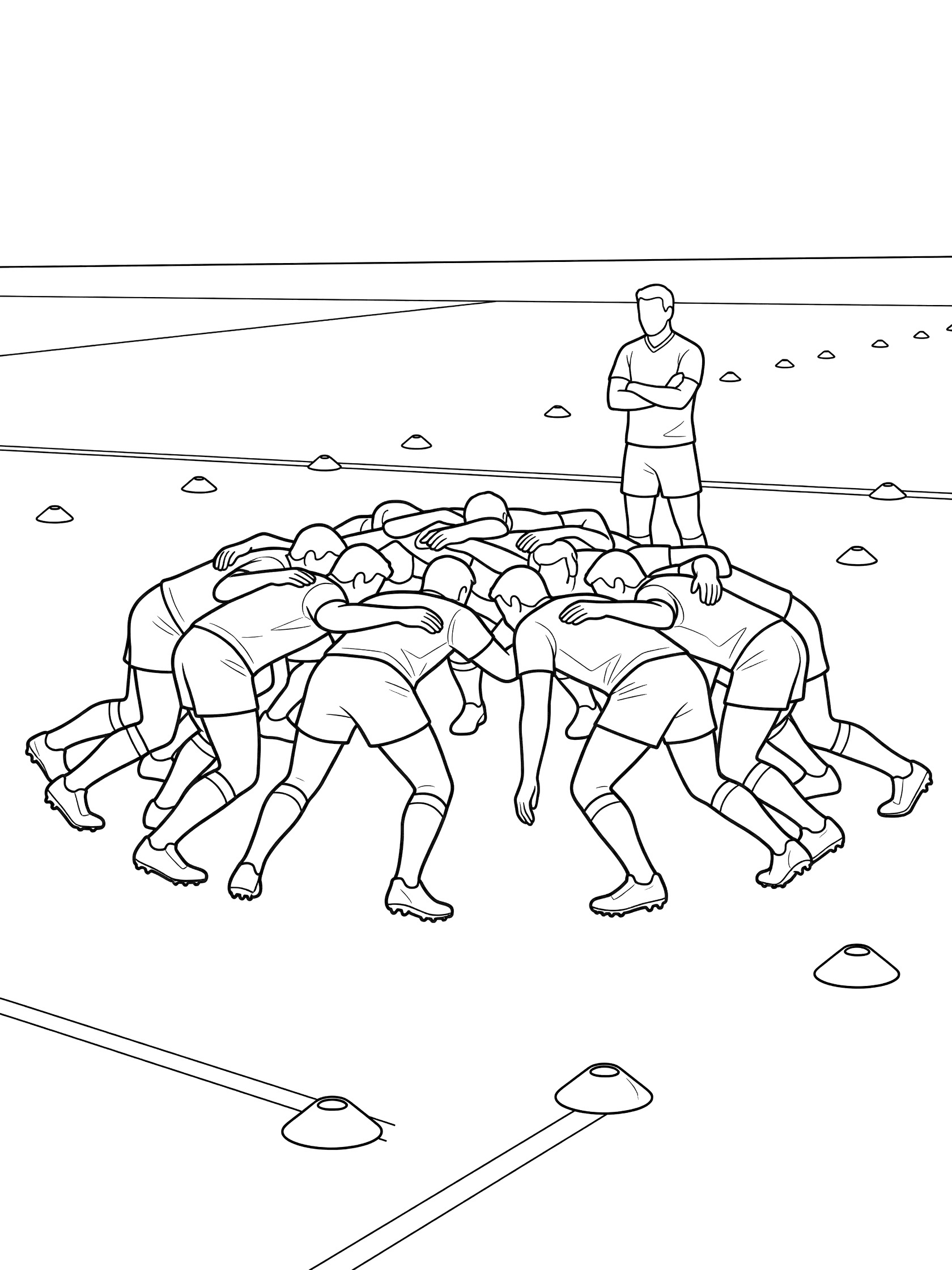 Rugby scrum coloring page showing players huddled in formation during training with cones on the field and coach on the side.