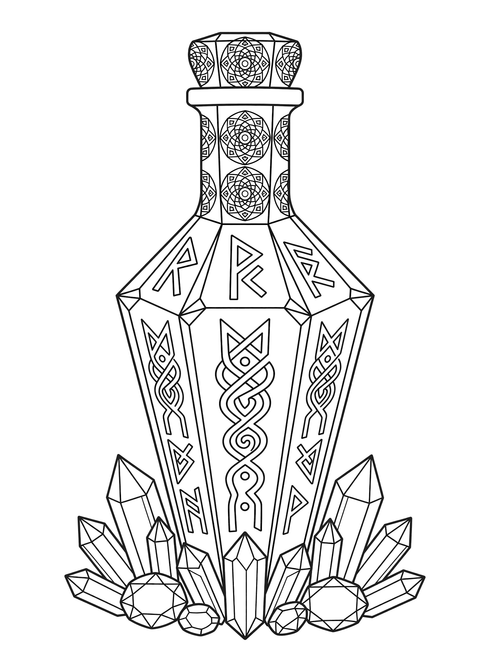 Black and white line art of a faceted potion bottle with etched rune symbols, geometric patterns around the neck, and clusters of crystals at the base, coloring book style.
