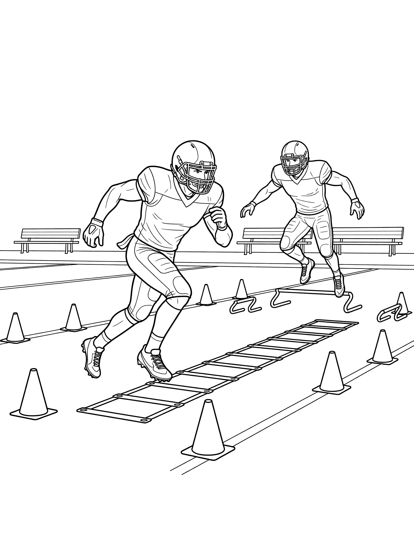 Black and white line art of two running backs in football gear doing agility drills, weaving through orange cones and jumping a ladder hurdle on a marked field with benches.