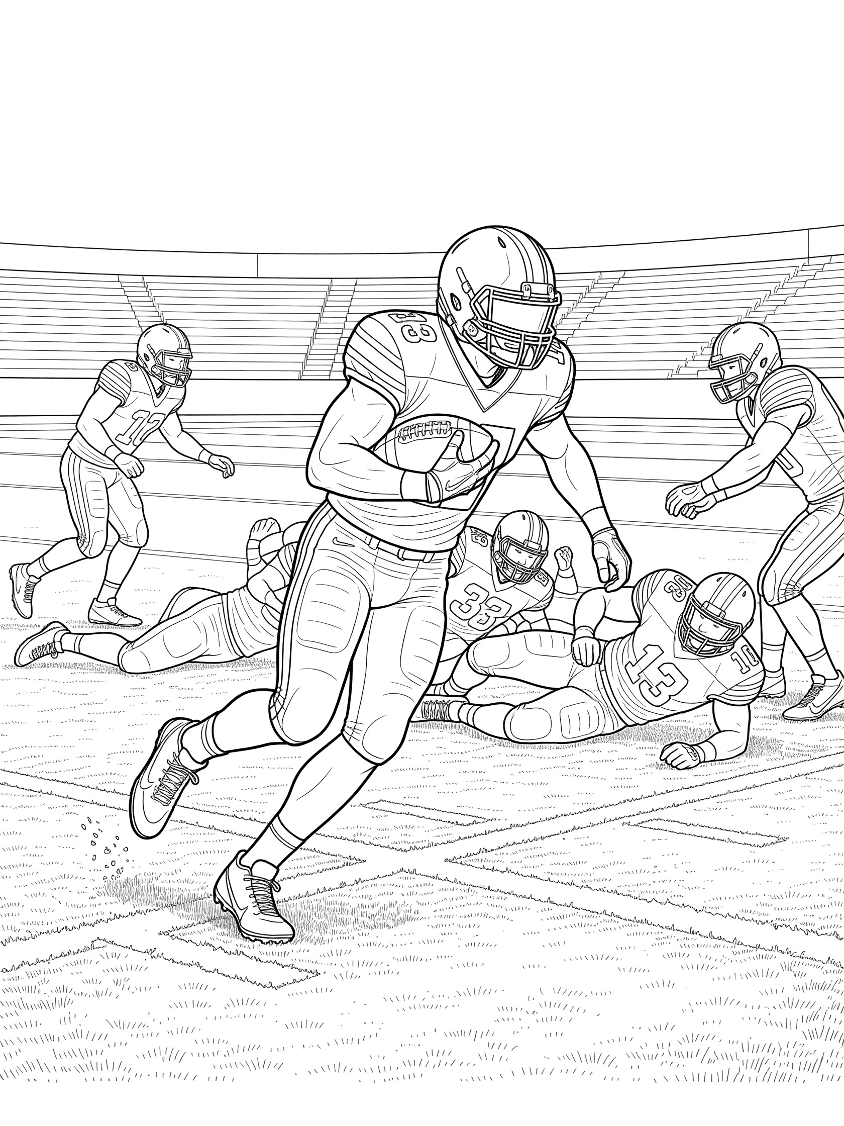 Black and white line art coloring page showing a football running back breaking through the line with ball tucked under arm, surrounded by fallen players on turf field with stadium seats.