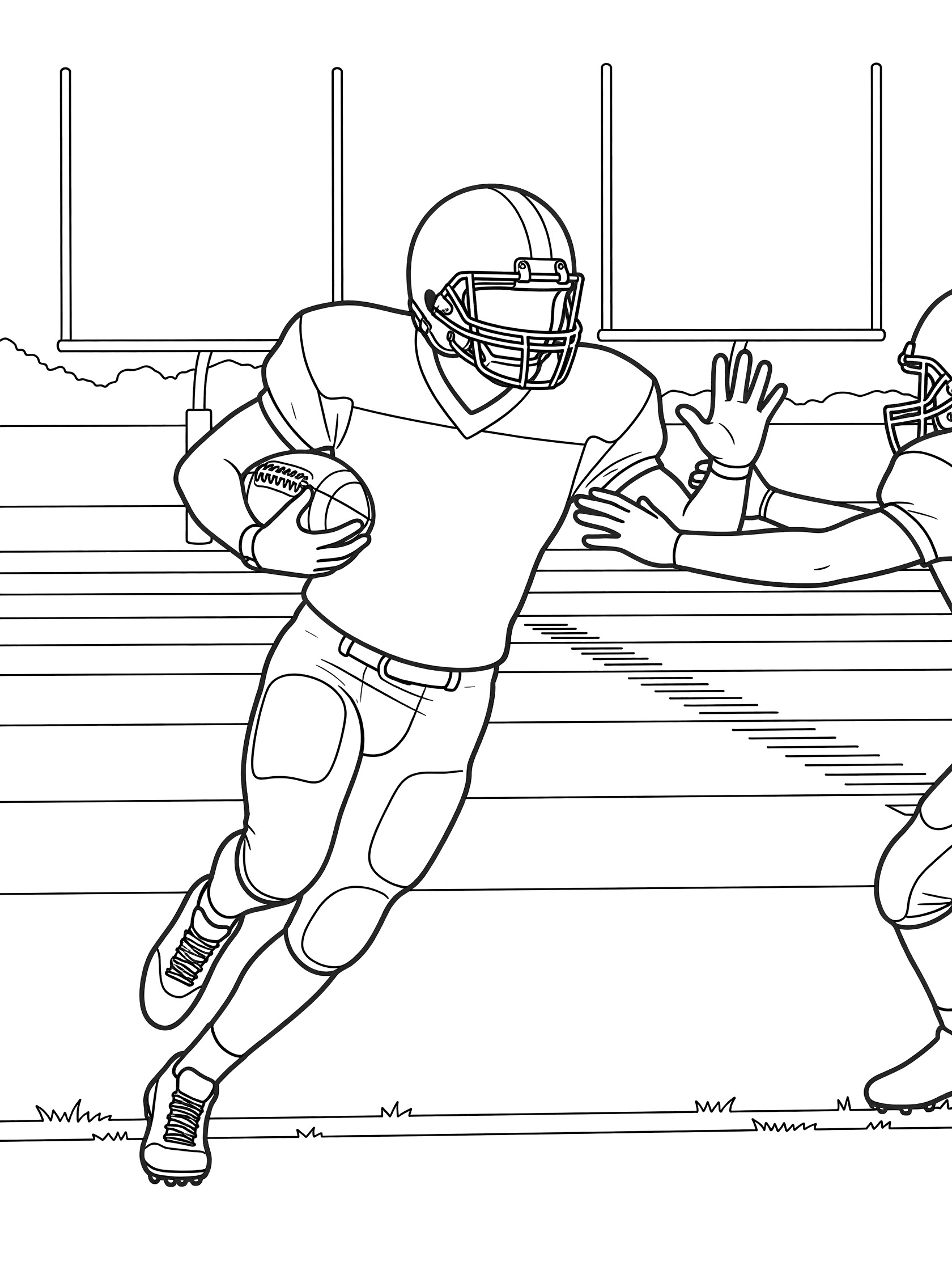 Black and white coloring page of a football running back dodging a defender's arms, clutching the ball on a grassy field with yard lines and goalposts.