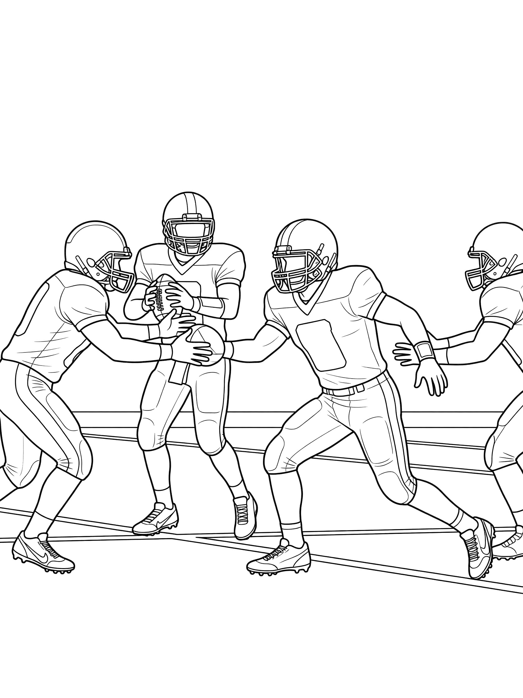 Printable coloring page showing a running back in action receiving a handoff from the quarterback with blocking teammates on the football field