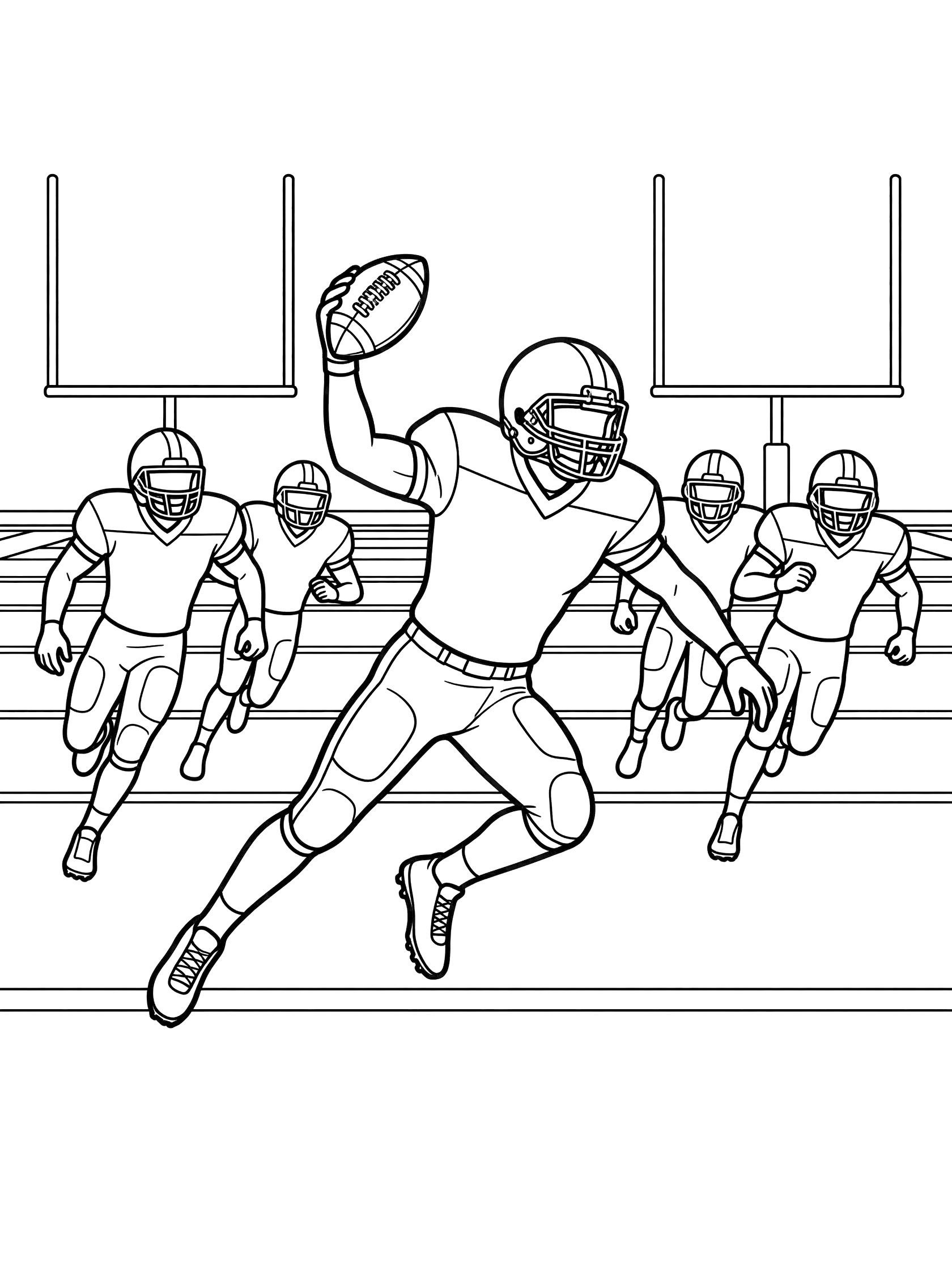Black and white line art of a football running back leaping across the goal line holding the ball high, with goalposts and trailing defenders on the field.