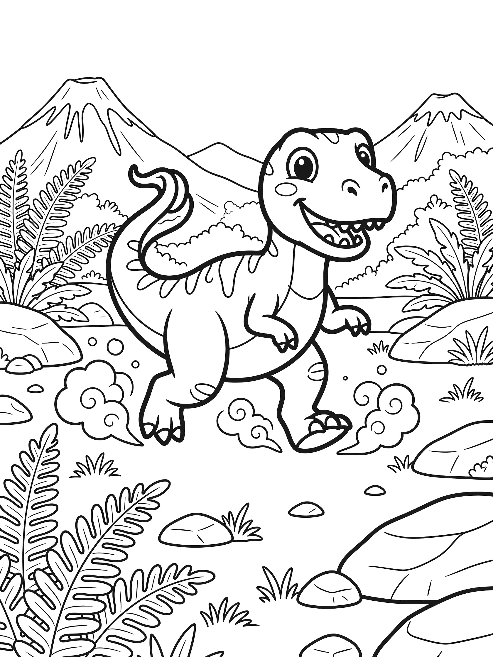 Cute cartoon Carnotaurus with big eyes and grin running dynamically, kicking up dust in a prehistoric valley with ferns, rocks, and distant volcanoes - coloring page