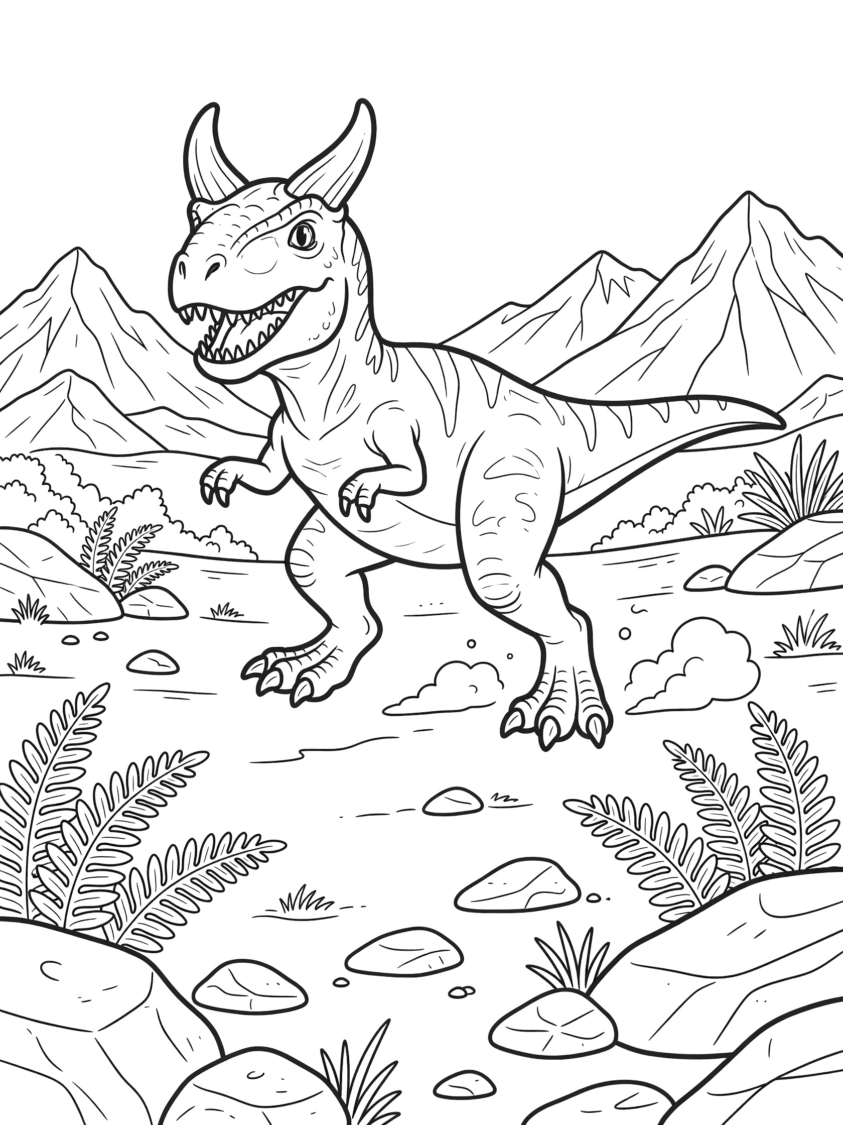 Line art coloring page showing a grinning Carnotaurus dinosaur running with horns, short arms, and strong legs amid ferns, boulders, and distant mountains.