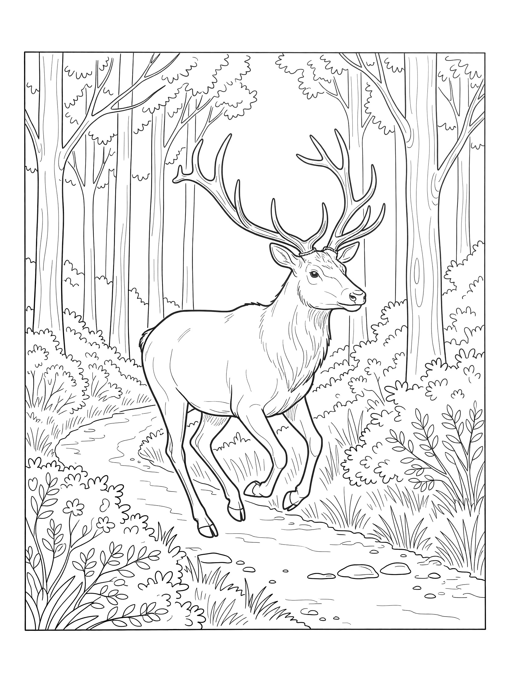 Black and white line art coloring page showing a deer with large antlers running along a path through trees and bushes in a forest. Elk themed black and white printable line art