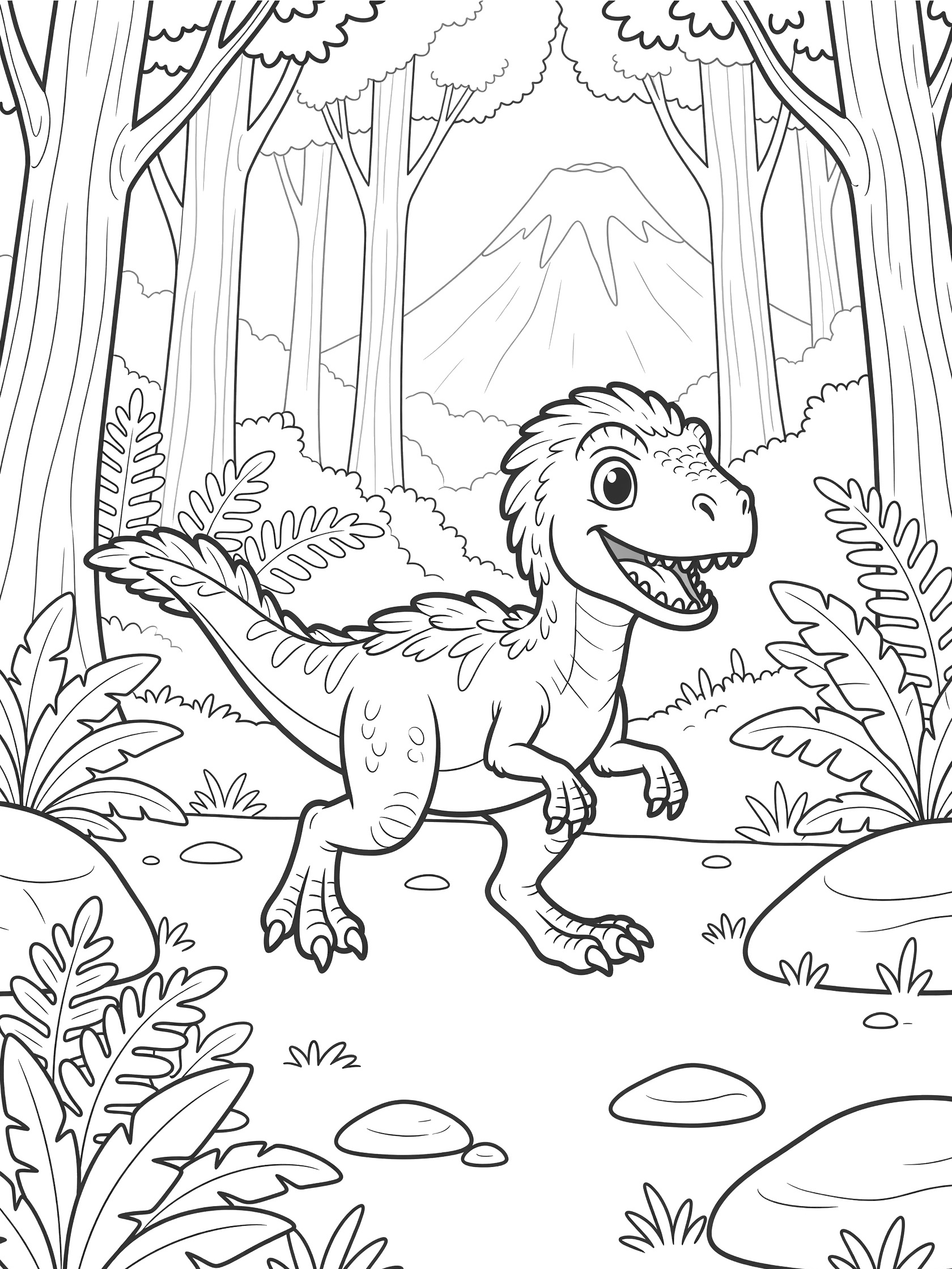 Cute cartoon Deinonychus dinosaur running on hind legs with big eyes and grin, in a lush forest scene with ferns, rocks, trees, and misty volcano, line art coloring page