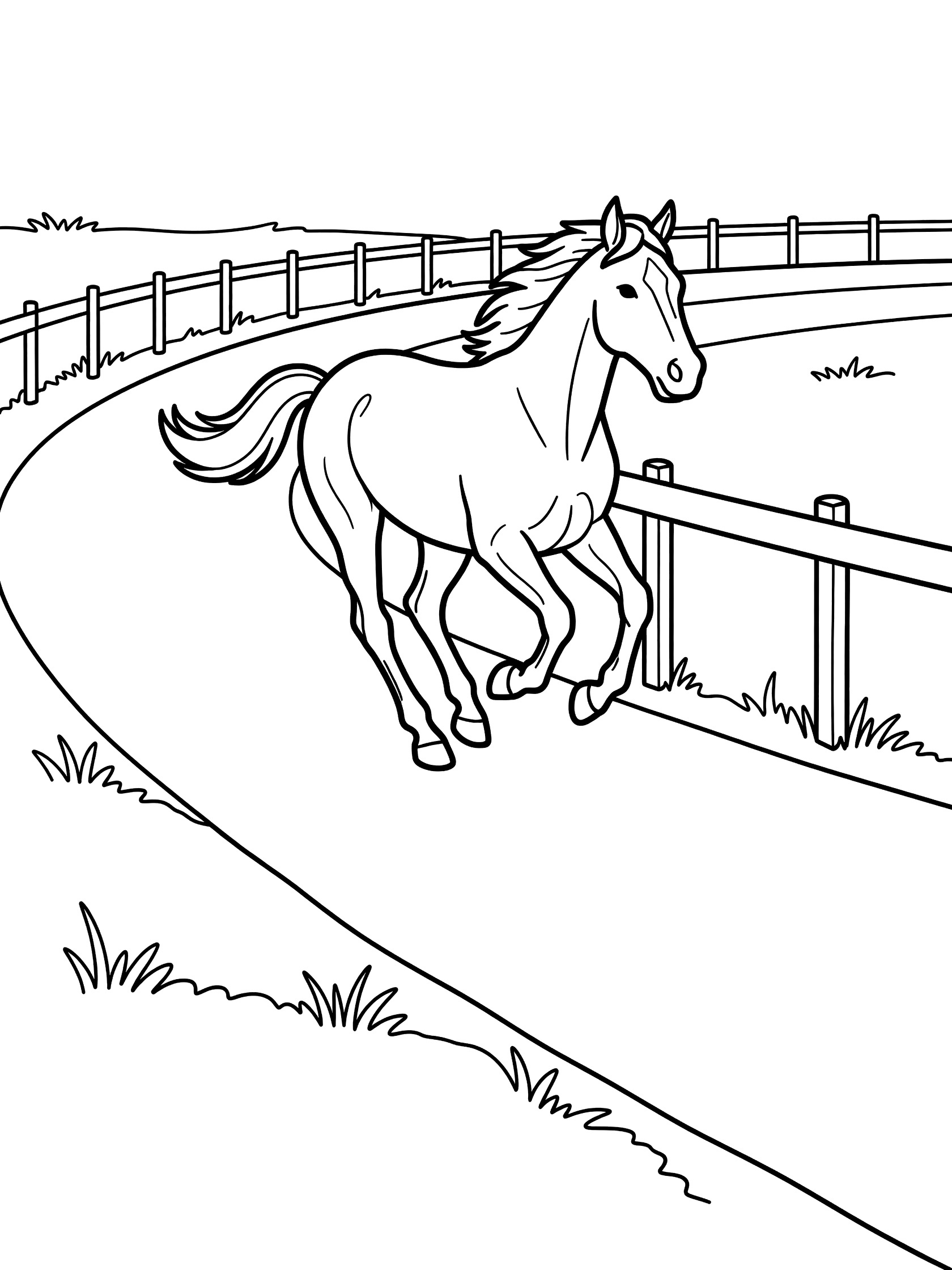 Black and white line art coloring page showing a horse running fast on a curved racetrack with grass borders and wooden fence. Horse Racing themed black and white printable line art
