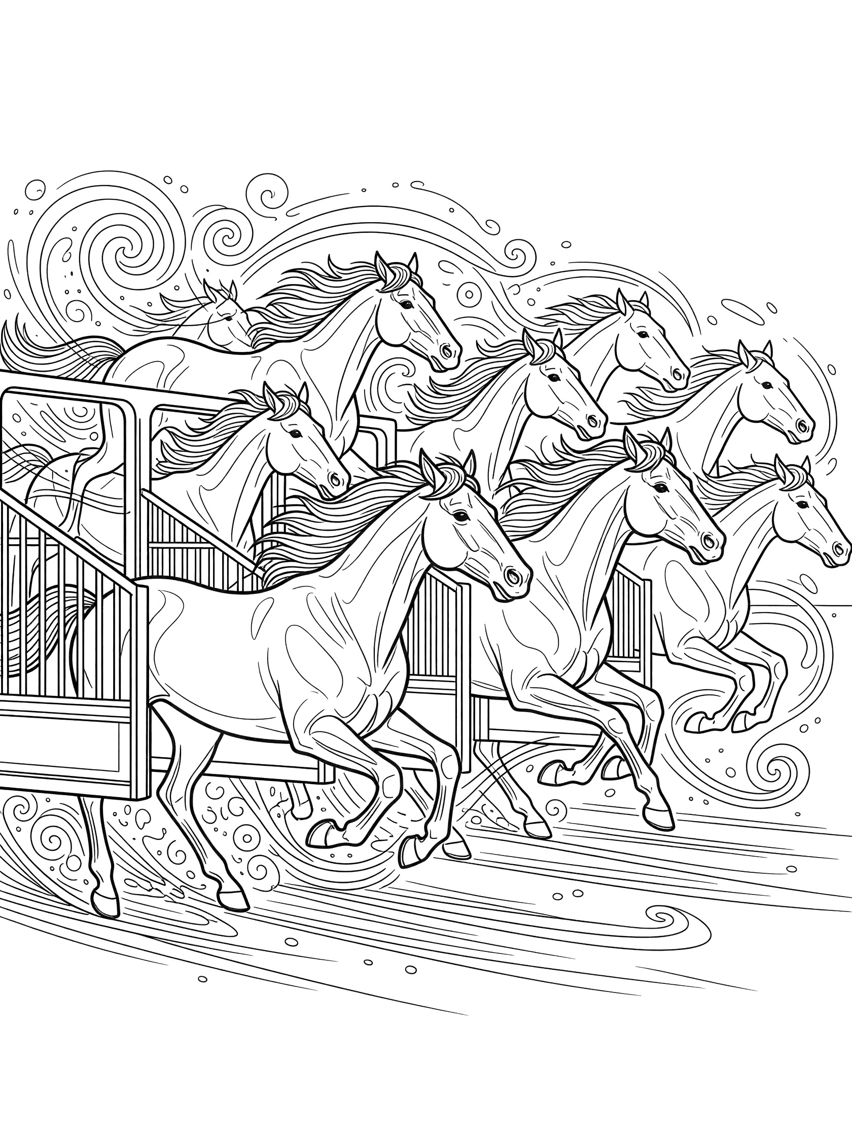 Black and white line art coloring page showing multiple horses running fast from open starting gates with whipping manes, pumping legs, and swirly speed lines around them. Horse Racing themed black and white printable line art