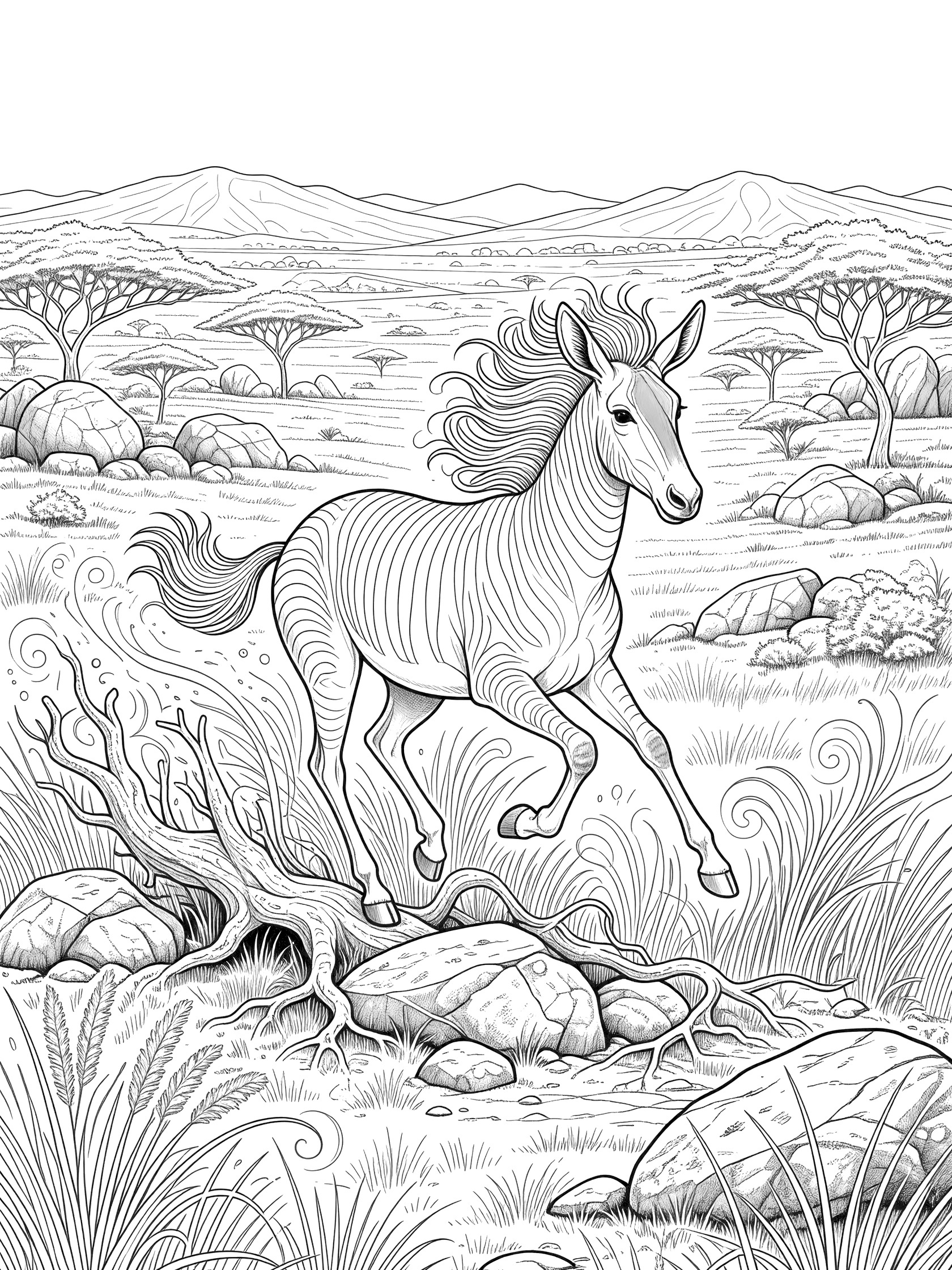 Doodle-style line art coloring page of a quagga leaping forward with flowing mane over jagged rocks and twisted roots amid swirling grasses and acacia trees on a vast savanna with distant hills.