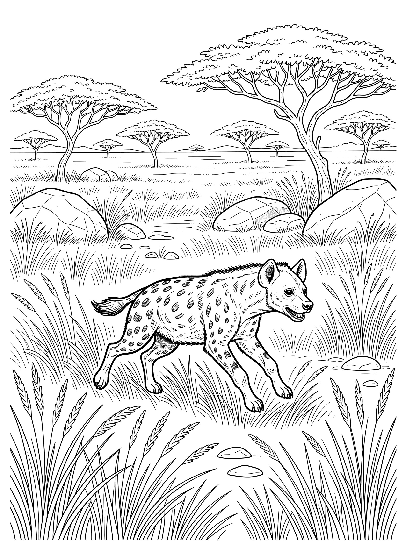 Black and white line art of a spotted hyena running across savanna grass with acacia trees, boulders, and open plains in the background.