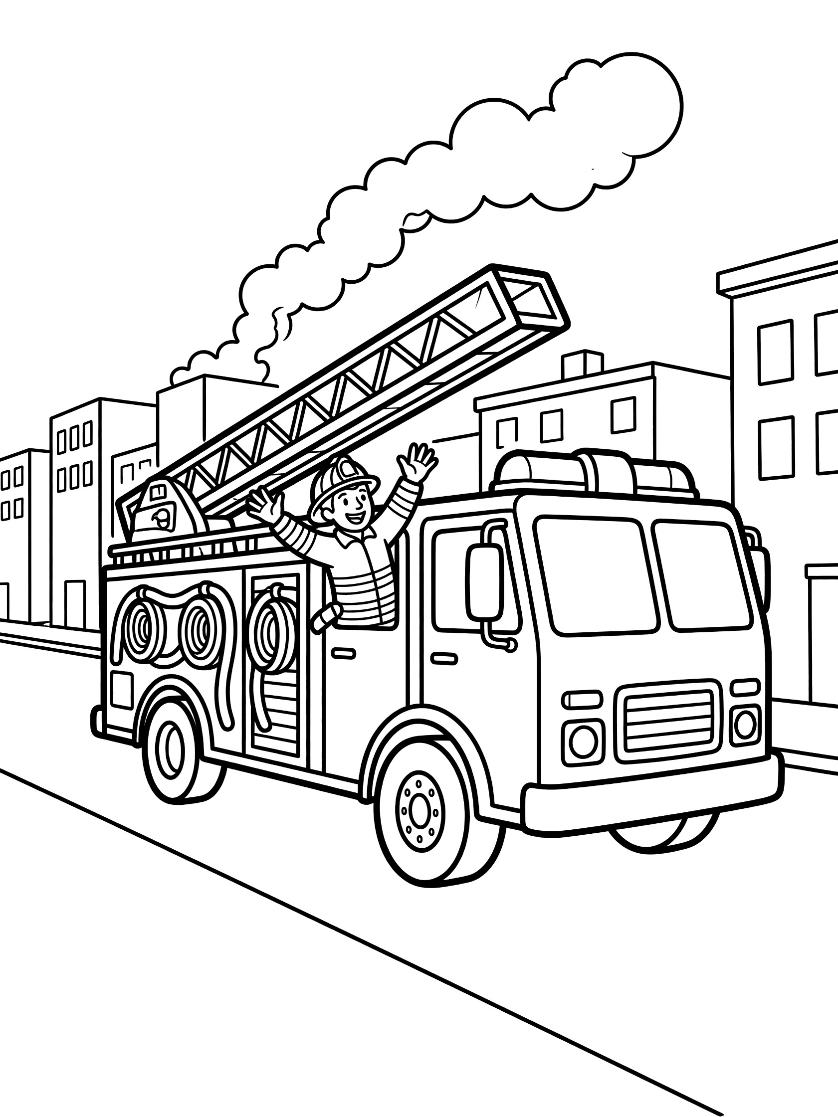 Black and white line art coloring page showing a fire engine speeding on big wheels down a street, two firefighters leaning out windows waving, ladder up, siren on top, hoses coiled, buildings and smoke behind.