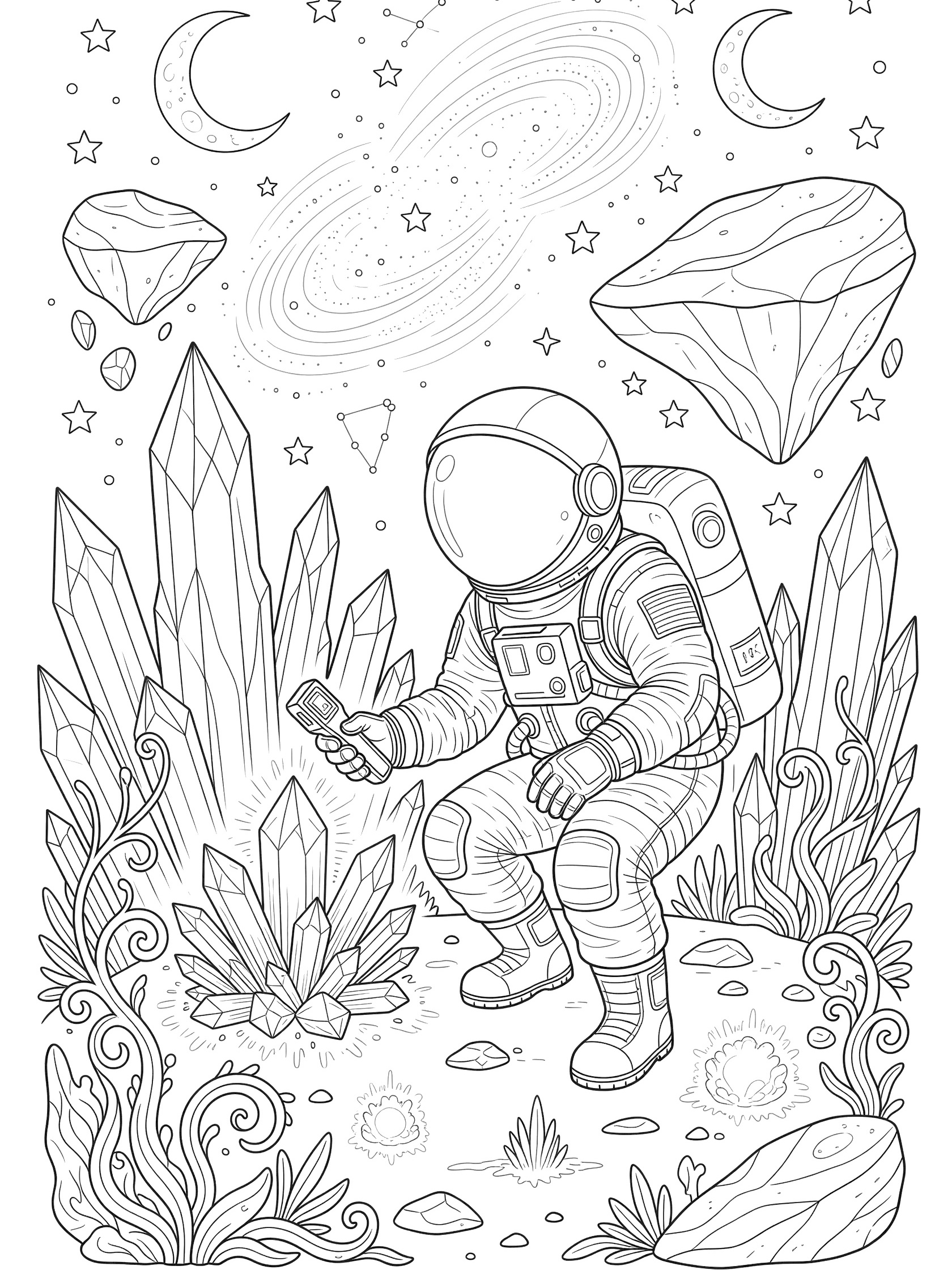 Black and white line art coloring page showing a Russian cosmonaut exploring an alien planet, scanning bioluminescent crystals with a scanner amid vines, rocks, crystals, and starry sky with moons.