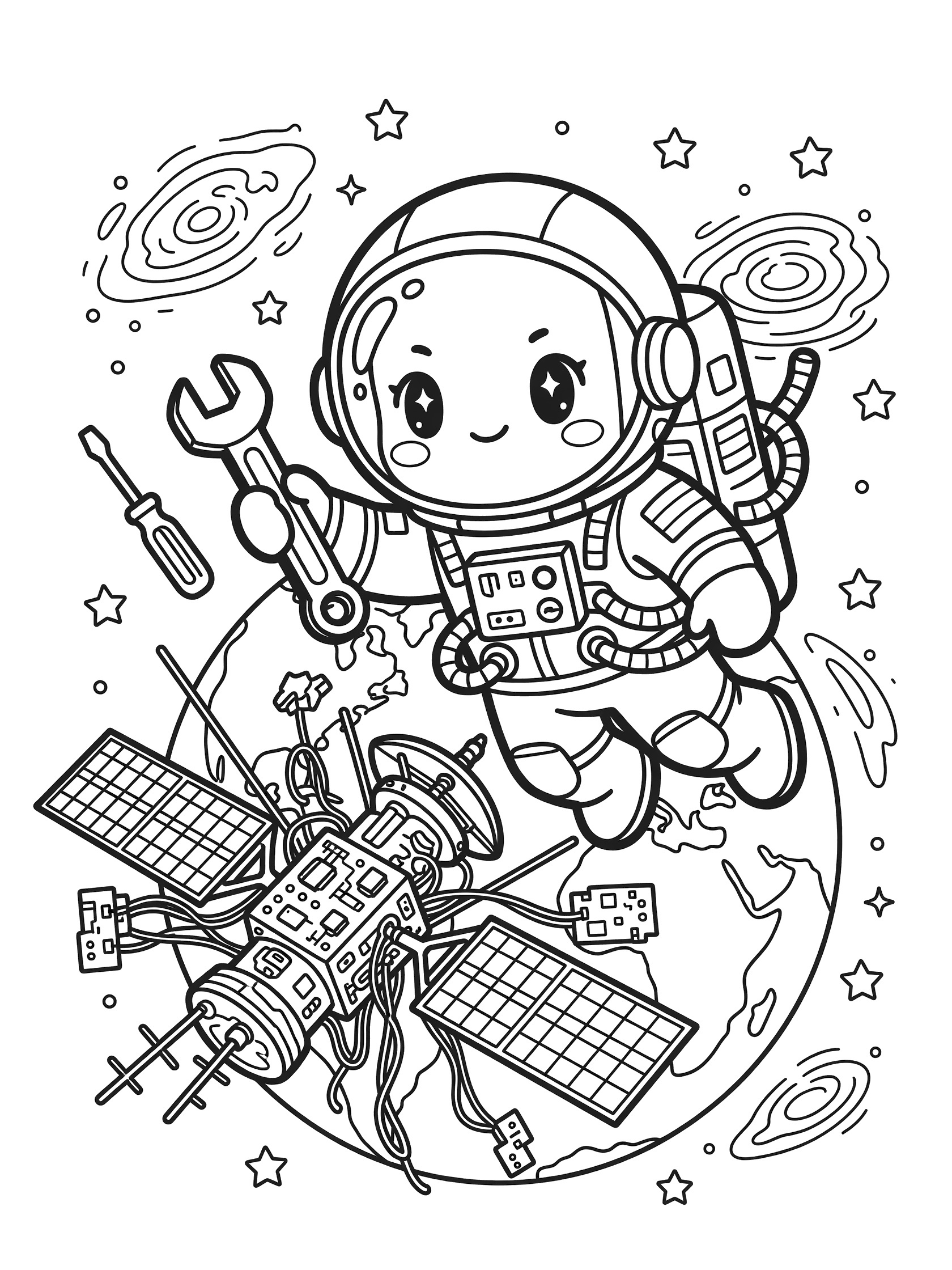 Kawaii chibi Russian cosmonaut with big eyes and smile floating in space, repairing detailed satellite with wrench and tools, wearing spacesuit with Russian patches, Earth and stars in background.