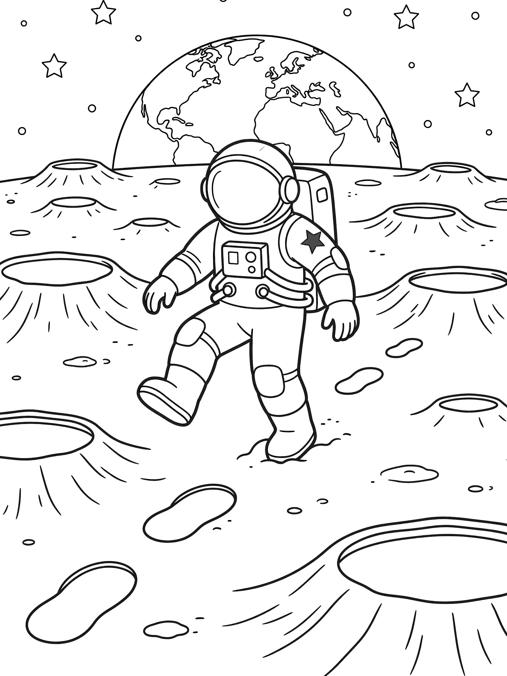 Black and white coloring page showing a Russian cosmonaut moon walking in bulky spacesuit with red star, leaving footprints in moon dust, craters, stars, and Earth in the background