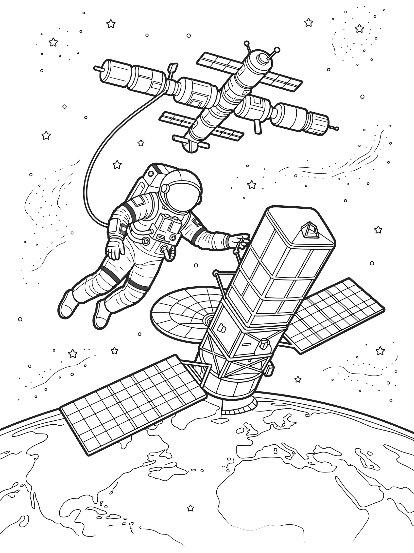 Black and white line art coloring page showing a Russian cosmonaut tethered to a space station, working on a space telescope with solar panels, Earth horizon, stars, and nebula.