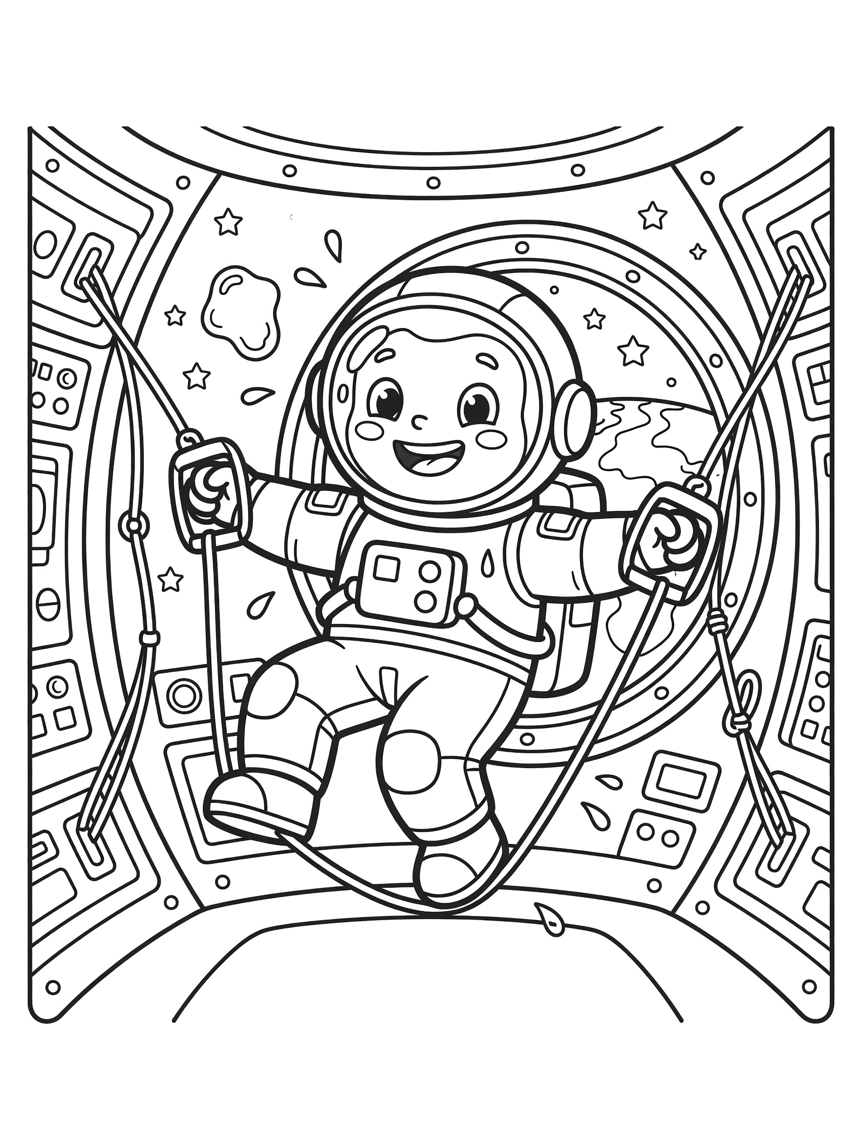 Cute cartoon Russian cosmonaut floating in zero gravity, pedaling with stretchy bands in a space station module with window showing Earth and stars.